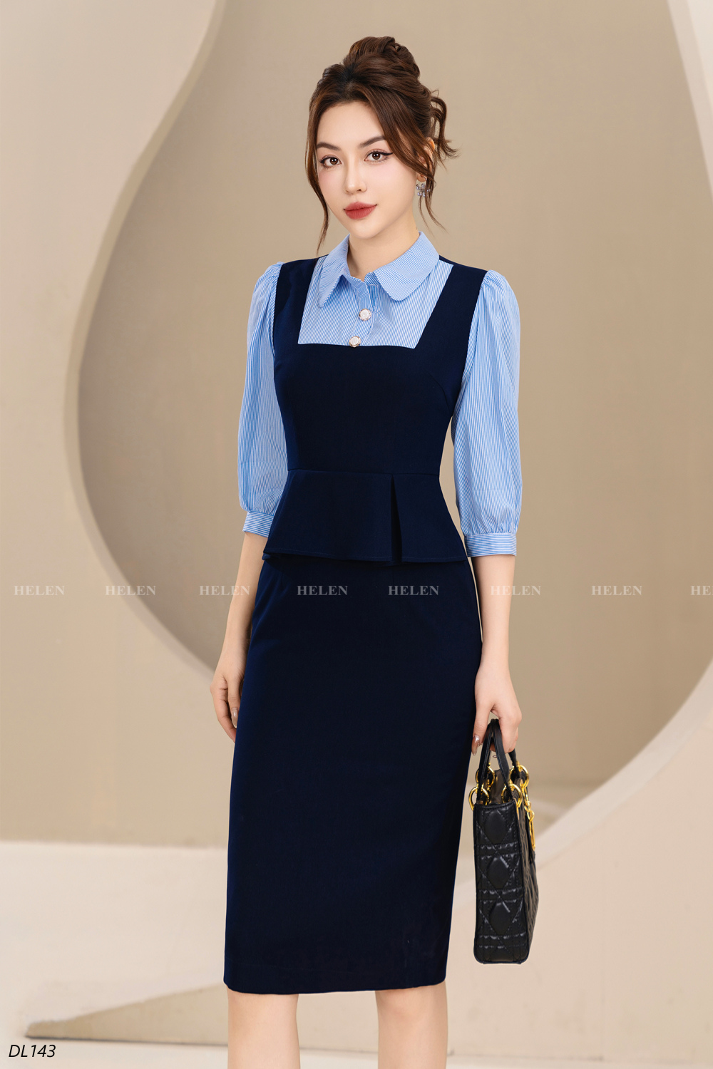 Đầm ôm peplum xanh than phối kẻ cổ đức DL143
