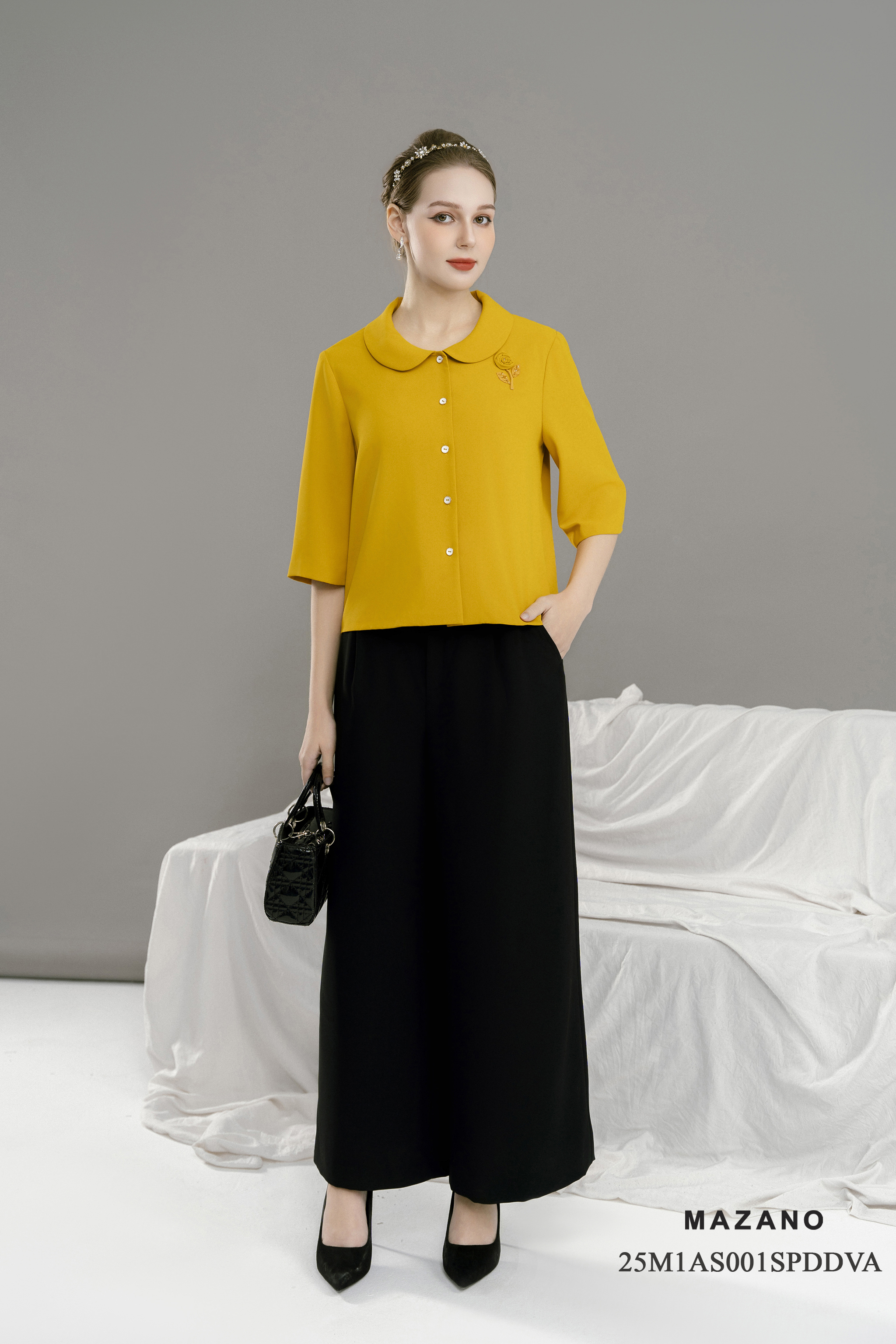 Áo suông cài khuy Đắp hoa Cổ bẻ Tay lỡ Dài áo qua eo- Mã AS001CTVA