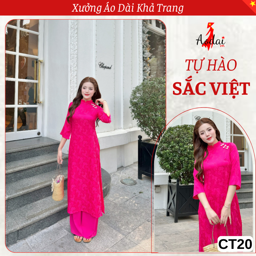 CT20 Áo Dài Cách Tân Gấm Dáng Suông màu Hồng Sen Cổ Cao 2cm Tay Lỡ_thumbnail_2