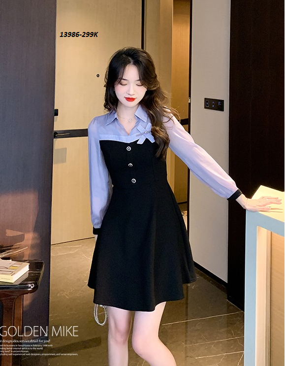 13986-Đầm xòe tay dài kêt nơ  (thun mịn, lụa ánh kim)_thumbnail_0