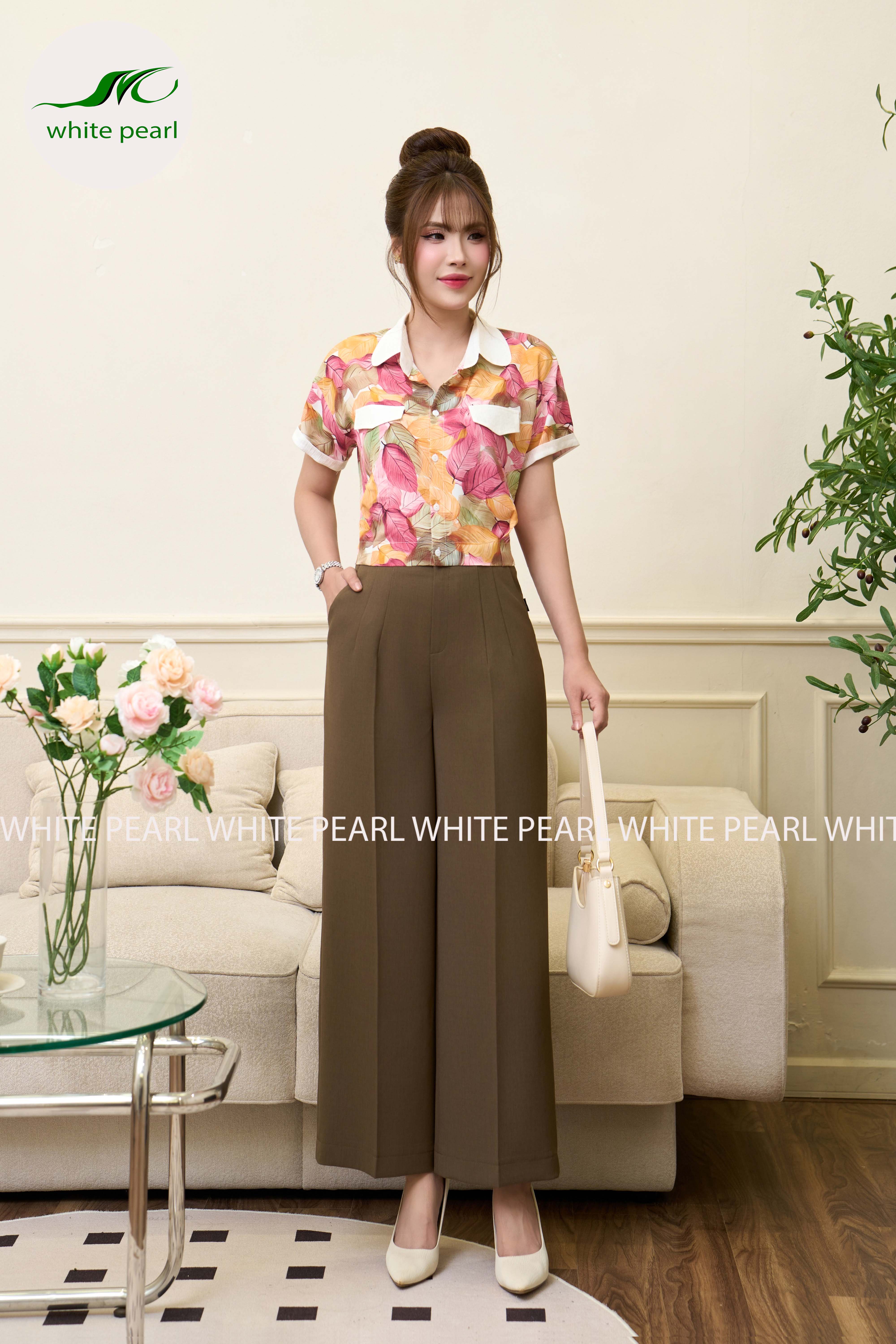 Áo sơ mi cổ tròn nắp túi thười trang công sở White Pearl