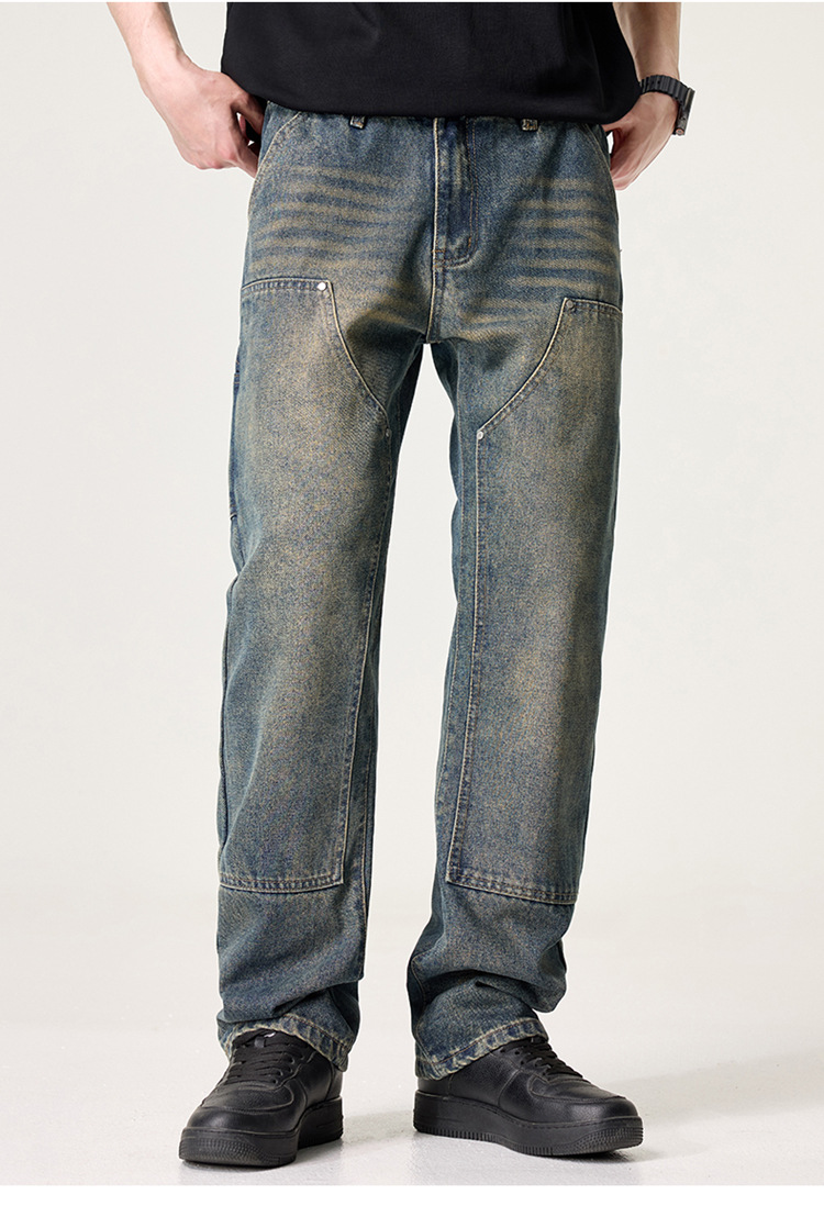 Quần Jean Nam Đường Phố Mỹ Cao Cấp – Retro Giặt Đau Khổ, Rách Hai Đầu Gối, Dáng Thẳng Màu Vàng Bùn