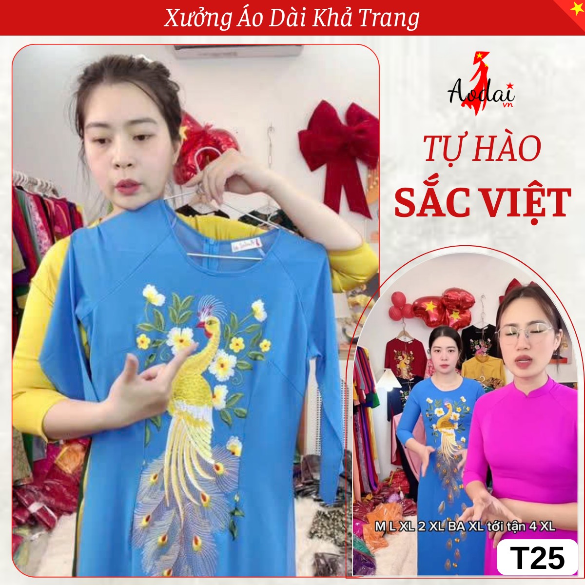 Bộ Áo Dài Thêu Màu Xanh Elai Thêu Công Vàng Cổ Tròn Tay Lỡ