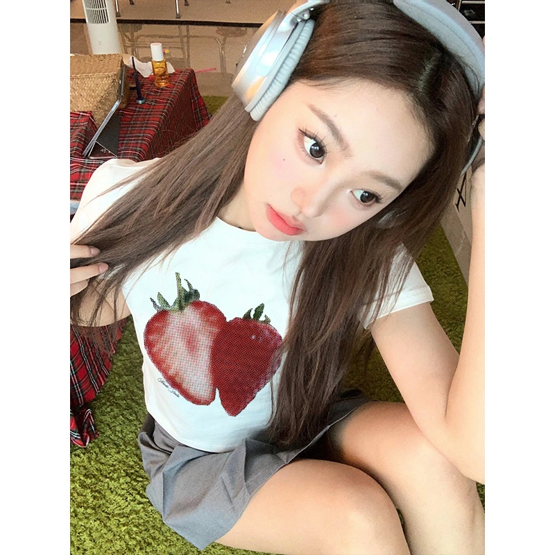 Áo thun baby tee hình quả dâu form ôm xinh xắn ABD1089 Miucho tay ngắn Cổ tròn hotrend in mix_thumbnail_2