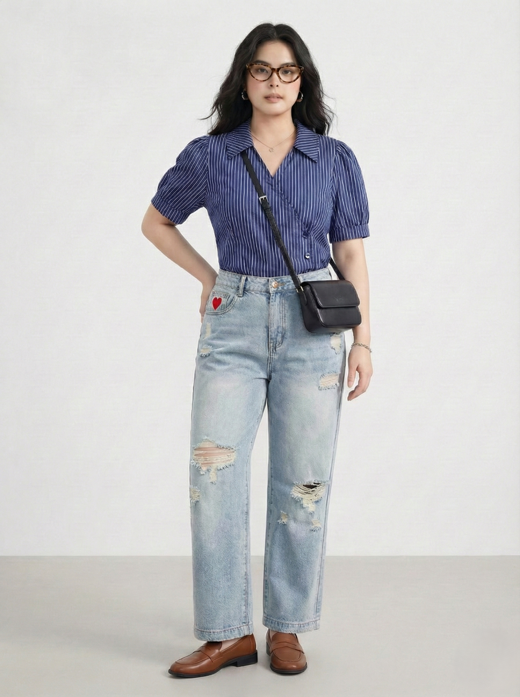 Quần jean ống suông rách thêu trái tim bigsize QJ384