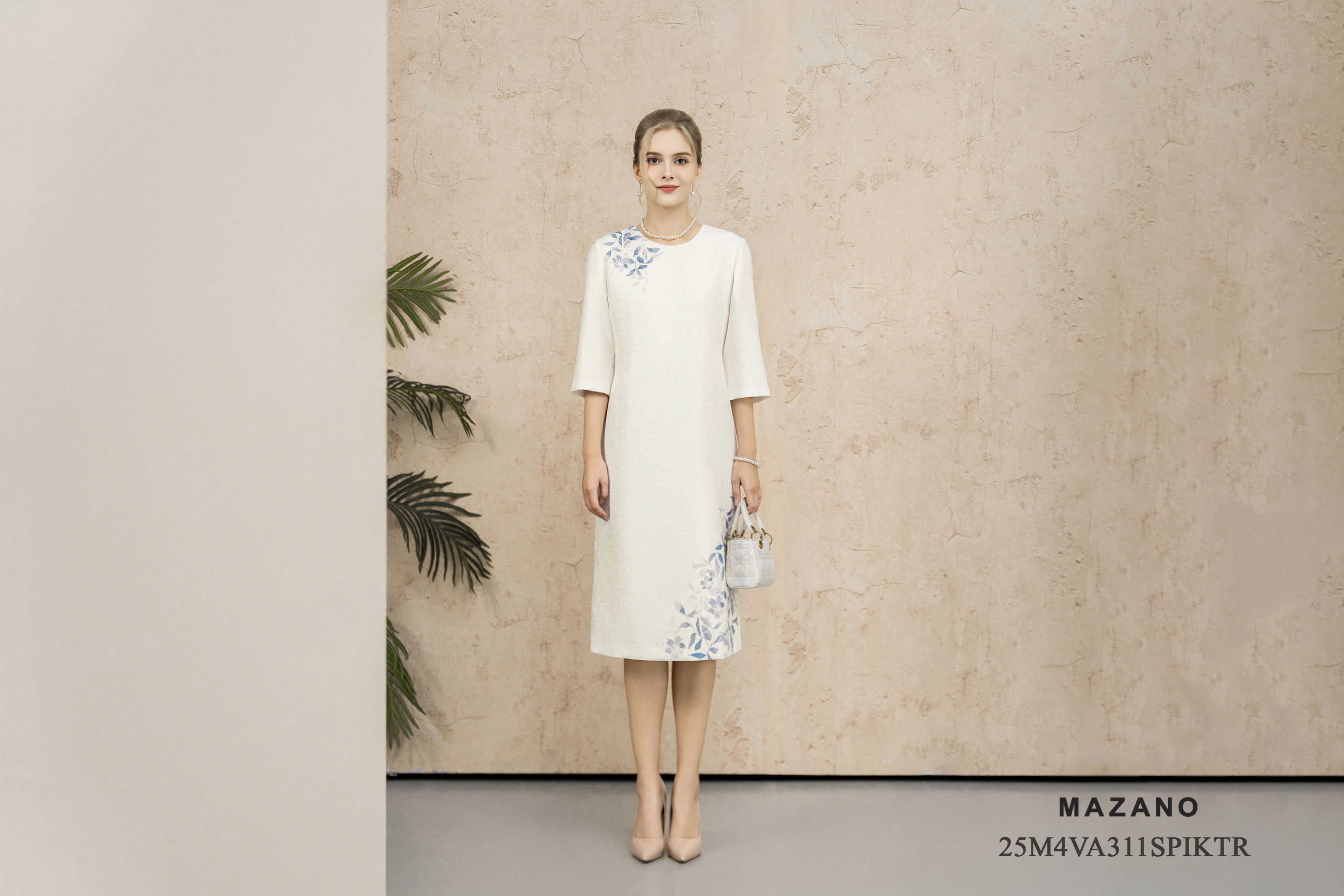 Váy Đầm Suông Vải tweed Hoạ tiết hoa cách điệu Cổ tròn Tay lỡ Dài qua gối