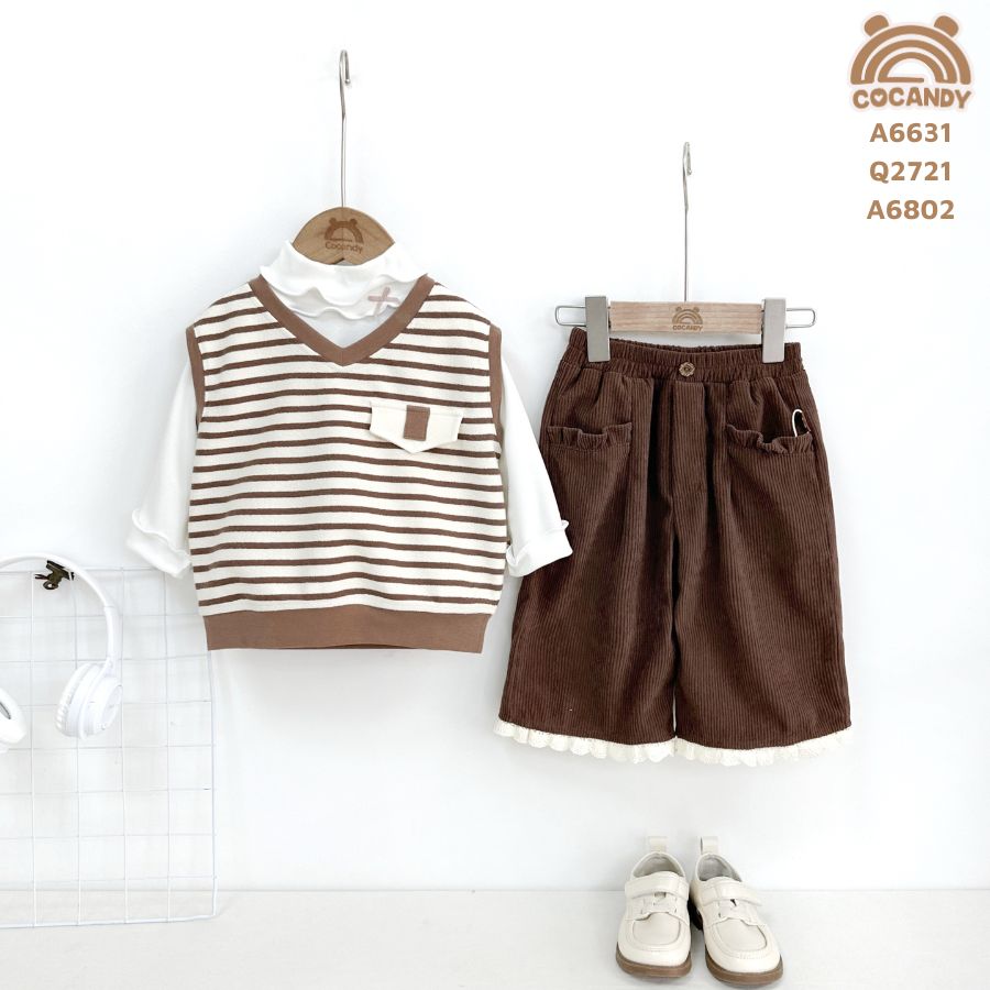 Quần dài nhung NÂU phối gấu bèo TRẮNG