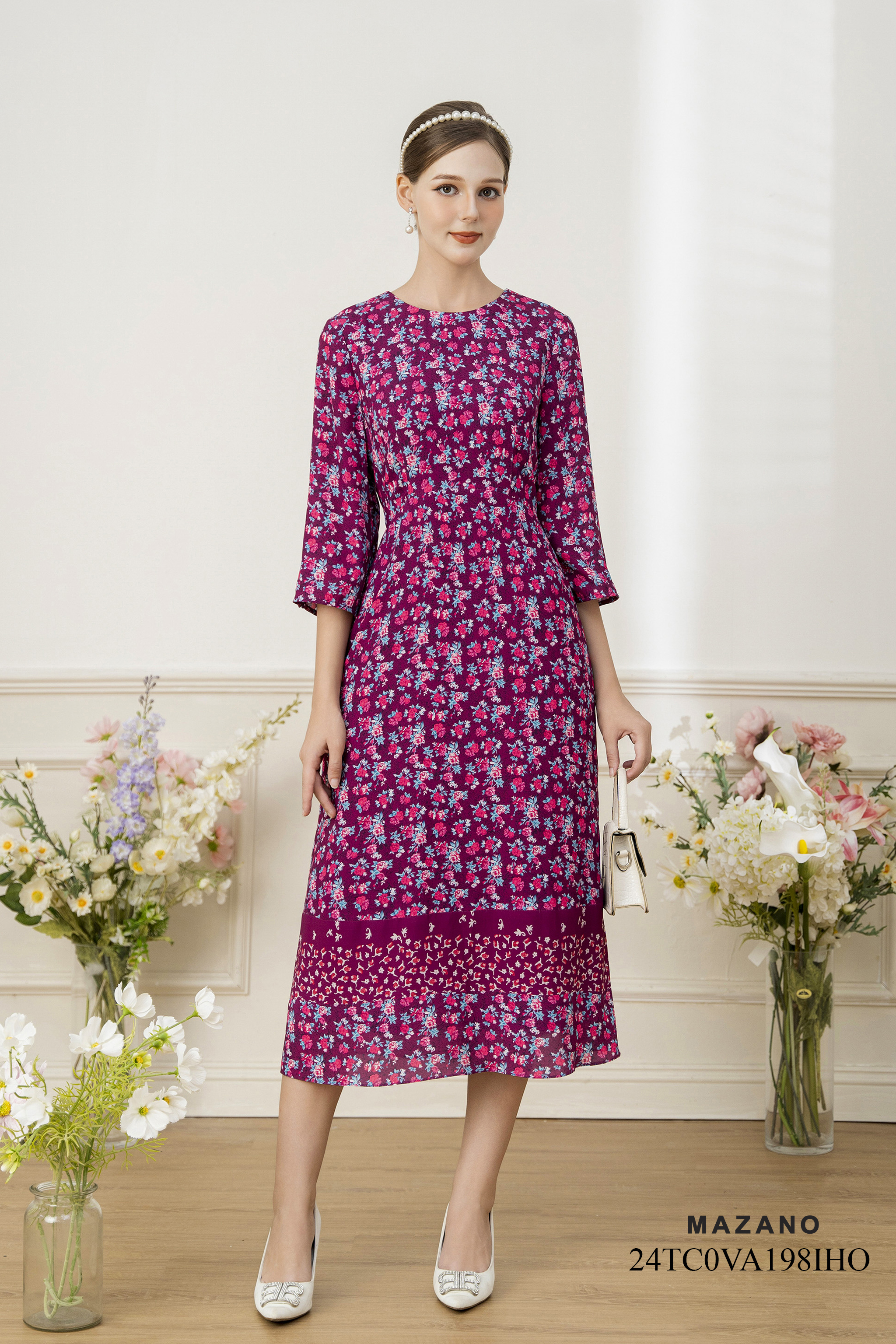 Váy Đầm Ôm Vải chiffon dày Hoạ tiết hoa nhí cách điệu trang trí gấu Cổ tròn Tay lỡ Dài đến bắp chân_thumbnail_1