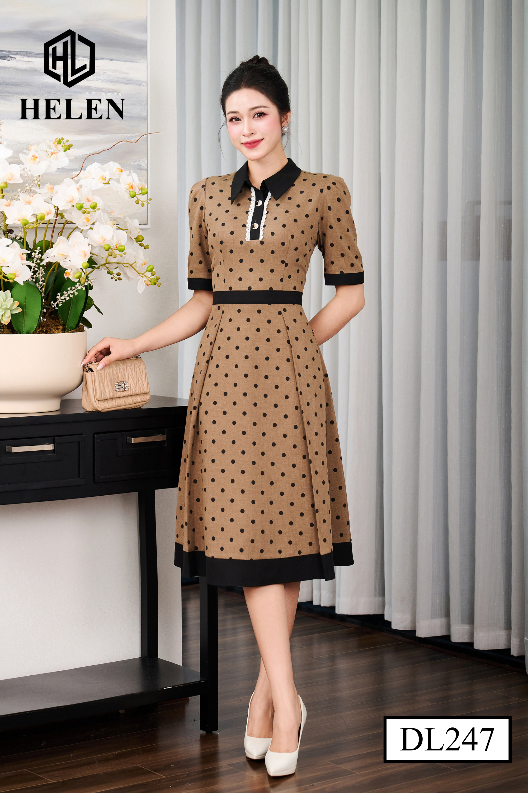 Đầm xòe nâu chấm đen cổ đức DL247_thumbnail_2