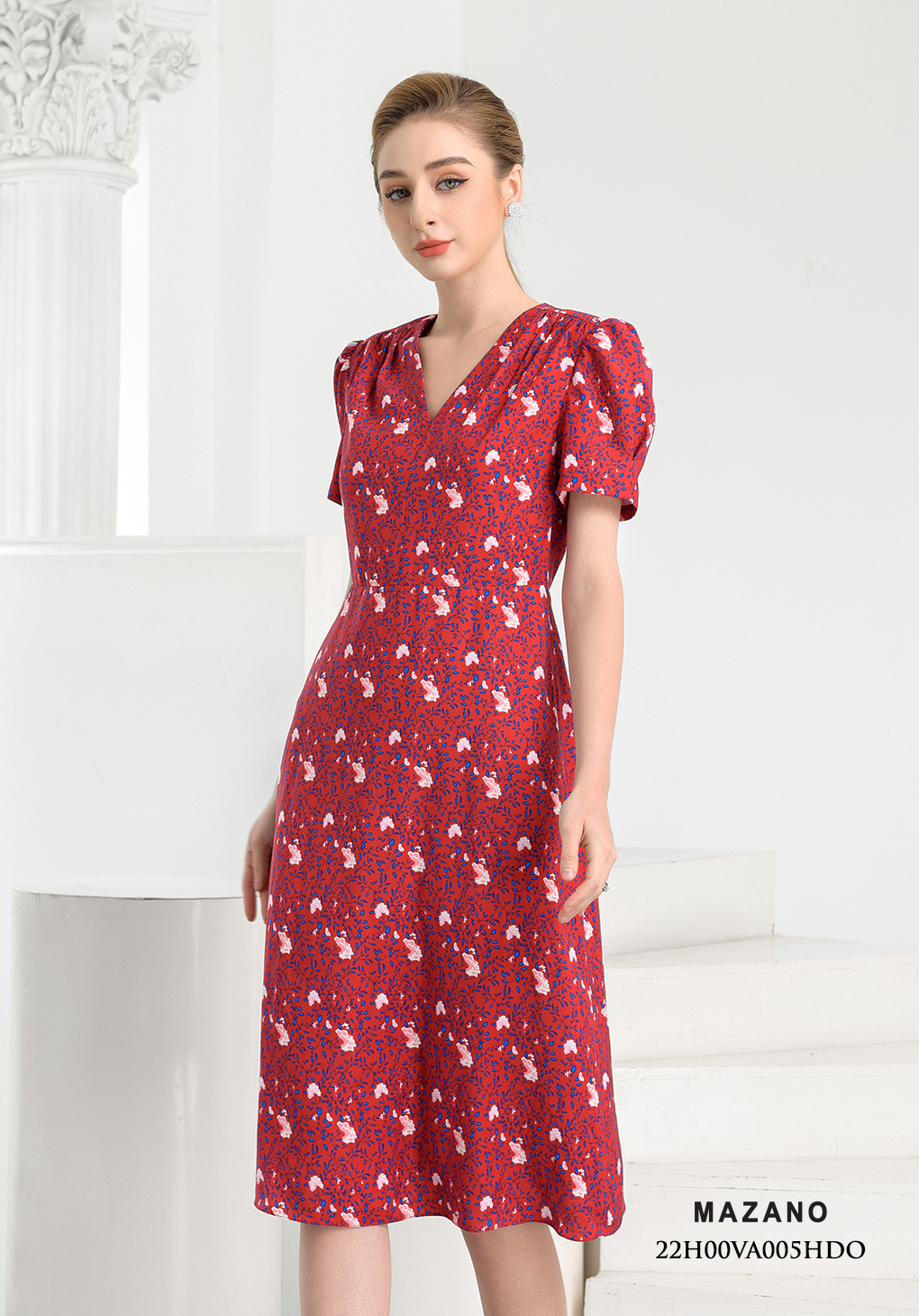 Đầm đỏ họa tiết nơ cổ tay bồng_thumbnail_2