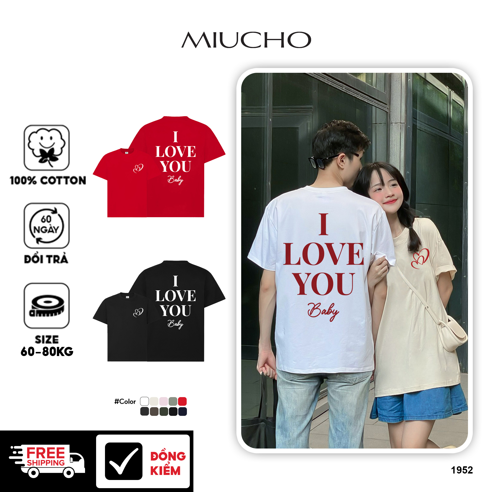Áo phông đôi nam nữ form rộng 1952 Miucho Club cổ tròn vải cotton 2c 250gsm dày dặn in basic