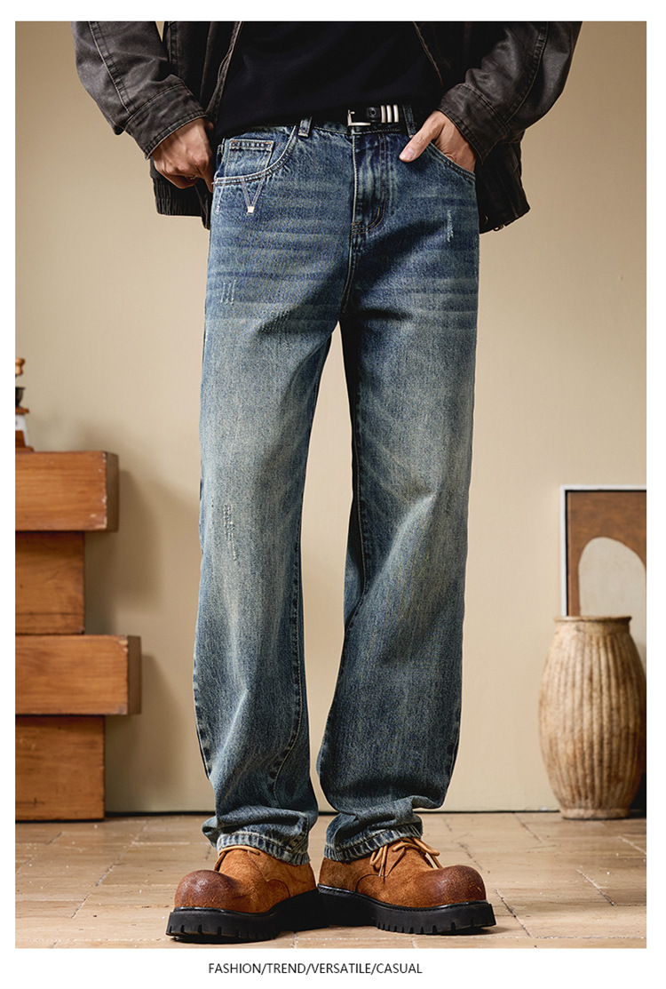 Quần Jean Nam Mùa Thu 2025 – Mùa Xuân Thu, Quần Ống Rộng Giản Dị, Retro Mỹ Cao Cấp, Thiết Kế Đã Giặt