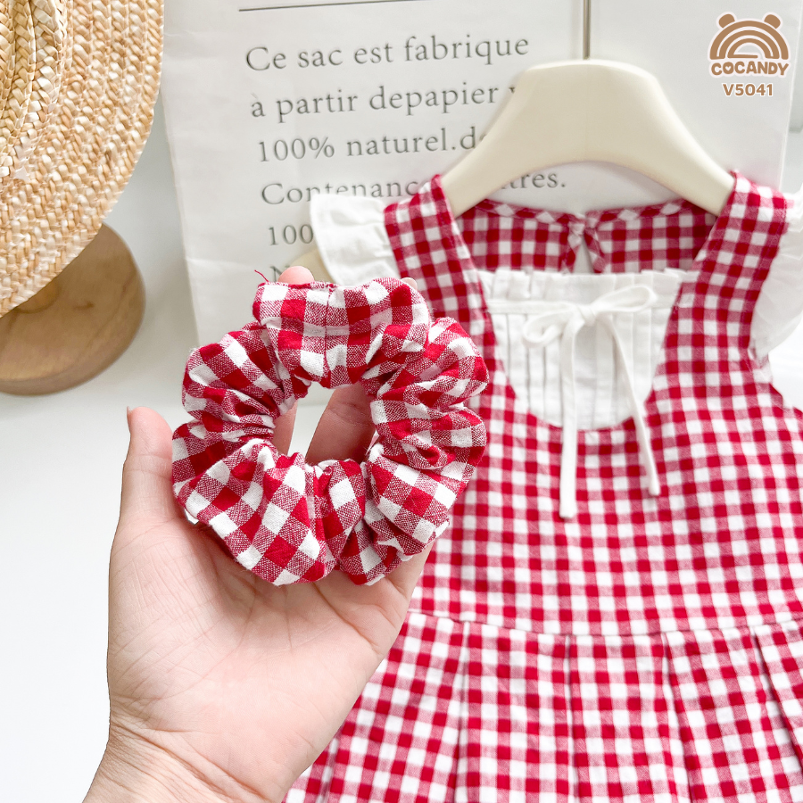 Váy cộc caro ĐỎ tay cánh tiên ren phối nơ_thumbnail_4