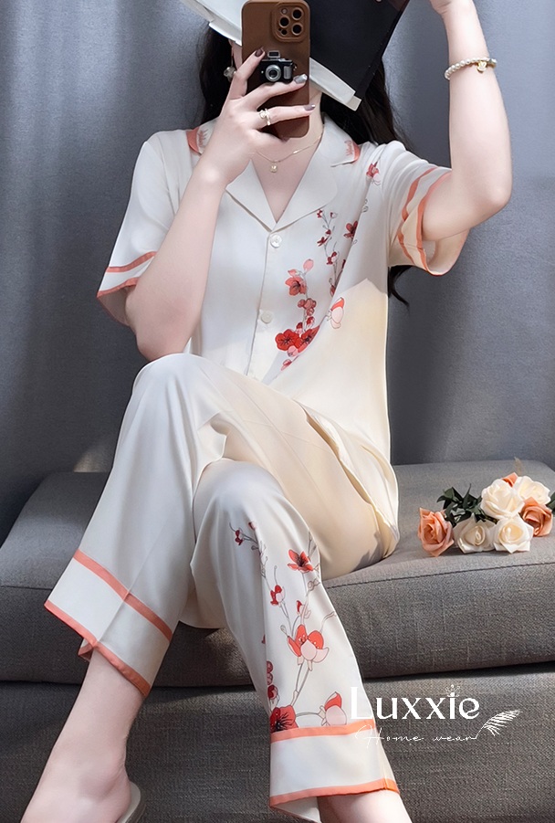 N74B Pijama lụa hoa đào đỏ cộc tay