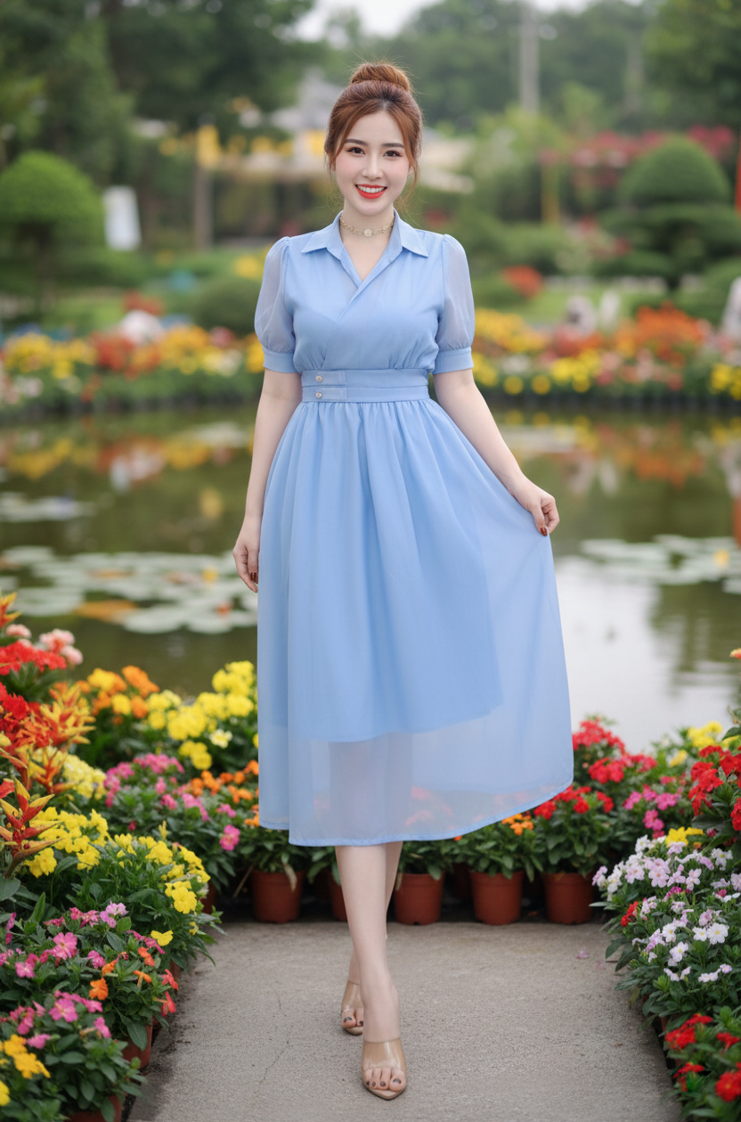 Đầm xòe cổ sơ mi nhún eo_thumbnail_2