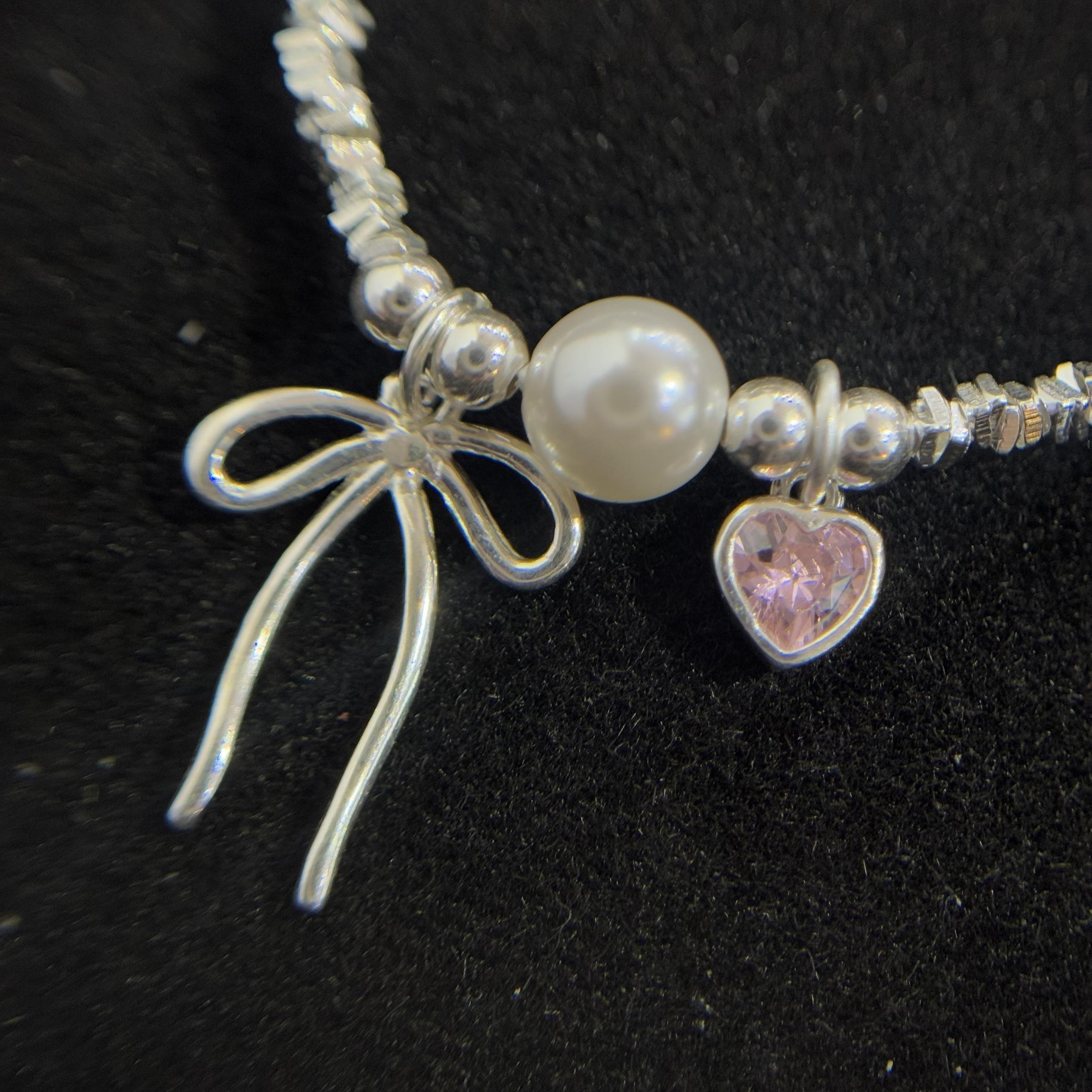 vòng tay bạc xi kim dây khối nhỏ charm ngọc trai nơ trái tim điệu đà