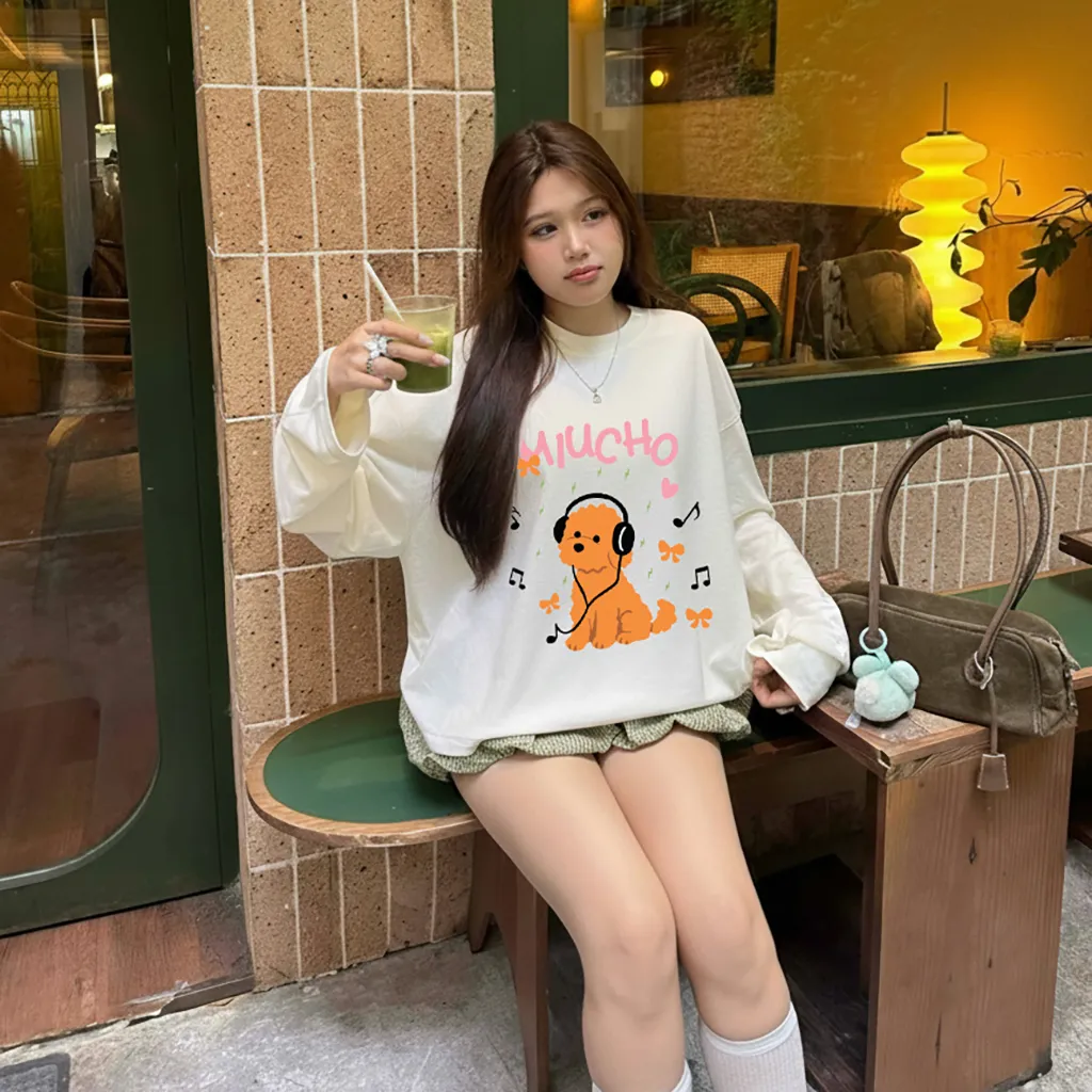 Áo thun tay dài form boxy Miucho chất vải dày dặn thoáng mát cún music in mix 2833_thumbnail_5