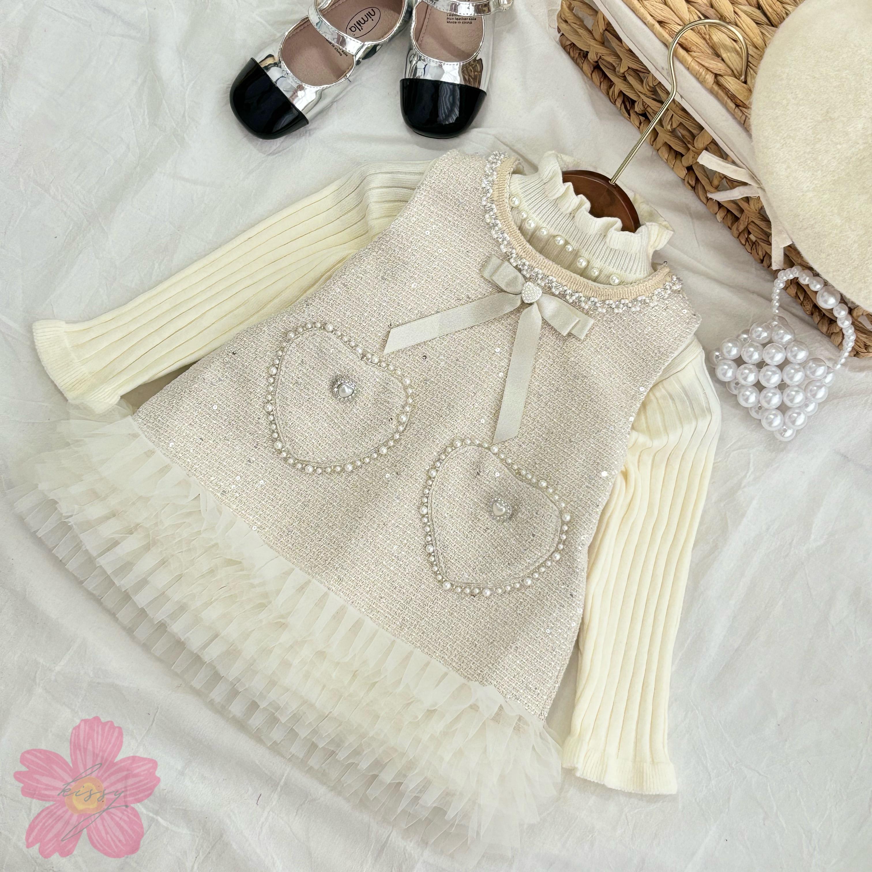 Set Váy Dạ Liền Voan Mềm Sang Chảnh Kèm Áo Len Giữ Nhiệt Mẫu Mới 2024 QCCC Dành Cho Bé Gái Sang Chảnh_thumbnail_0