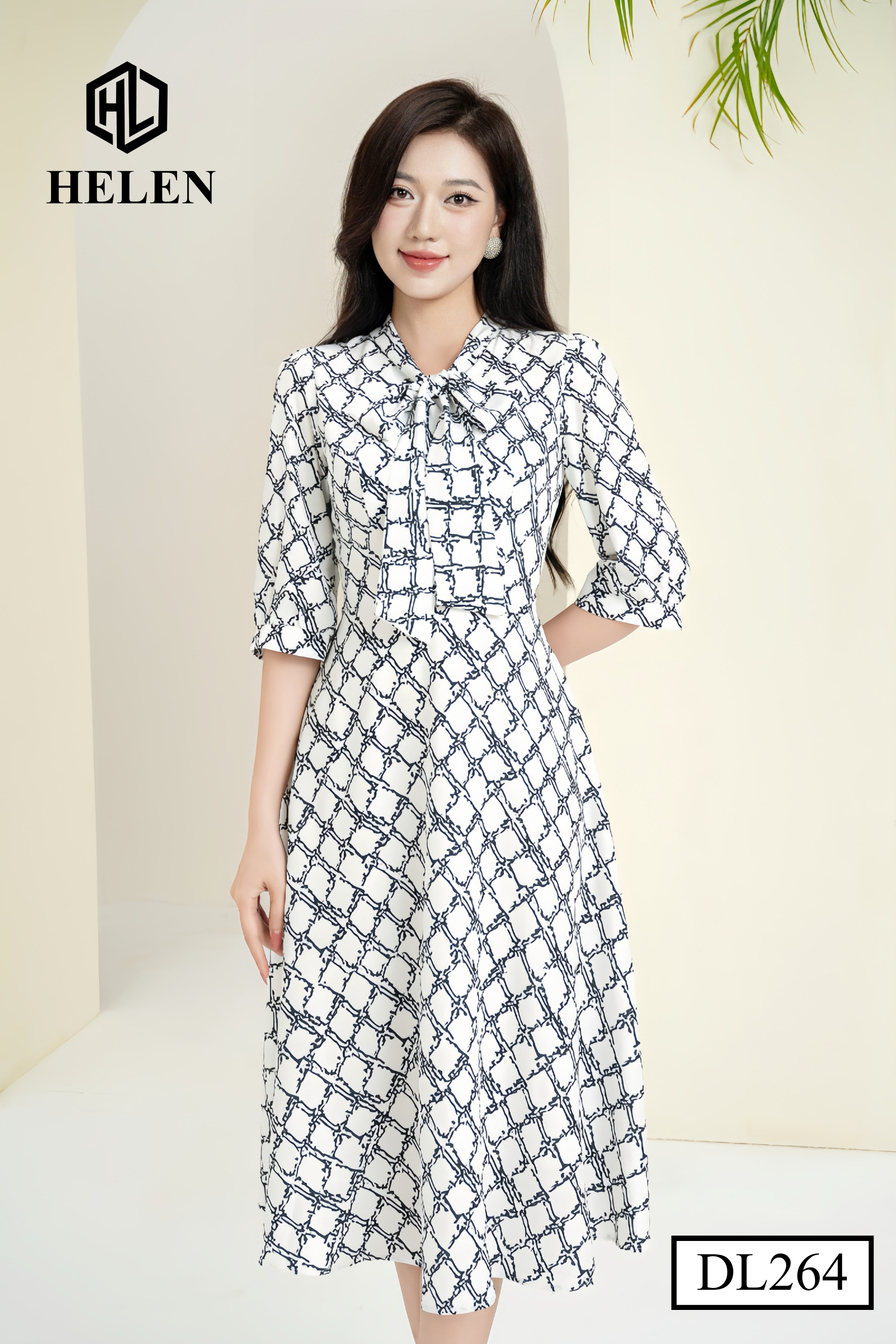 Đầm xòe kẻ đen trắng thắt nơ giữa DL264