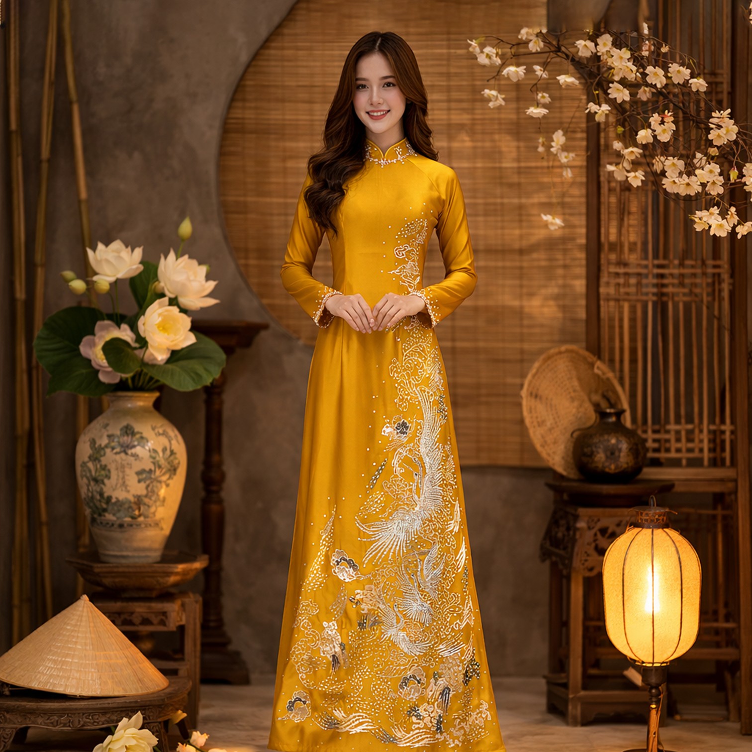 Áo Dài Bà Sui Màu Vàng Thêu Phượng Vũ Sang Trọng Cho Mẹ Dâu Rể AM26-10