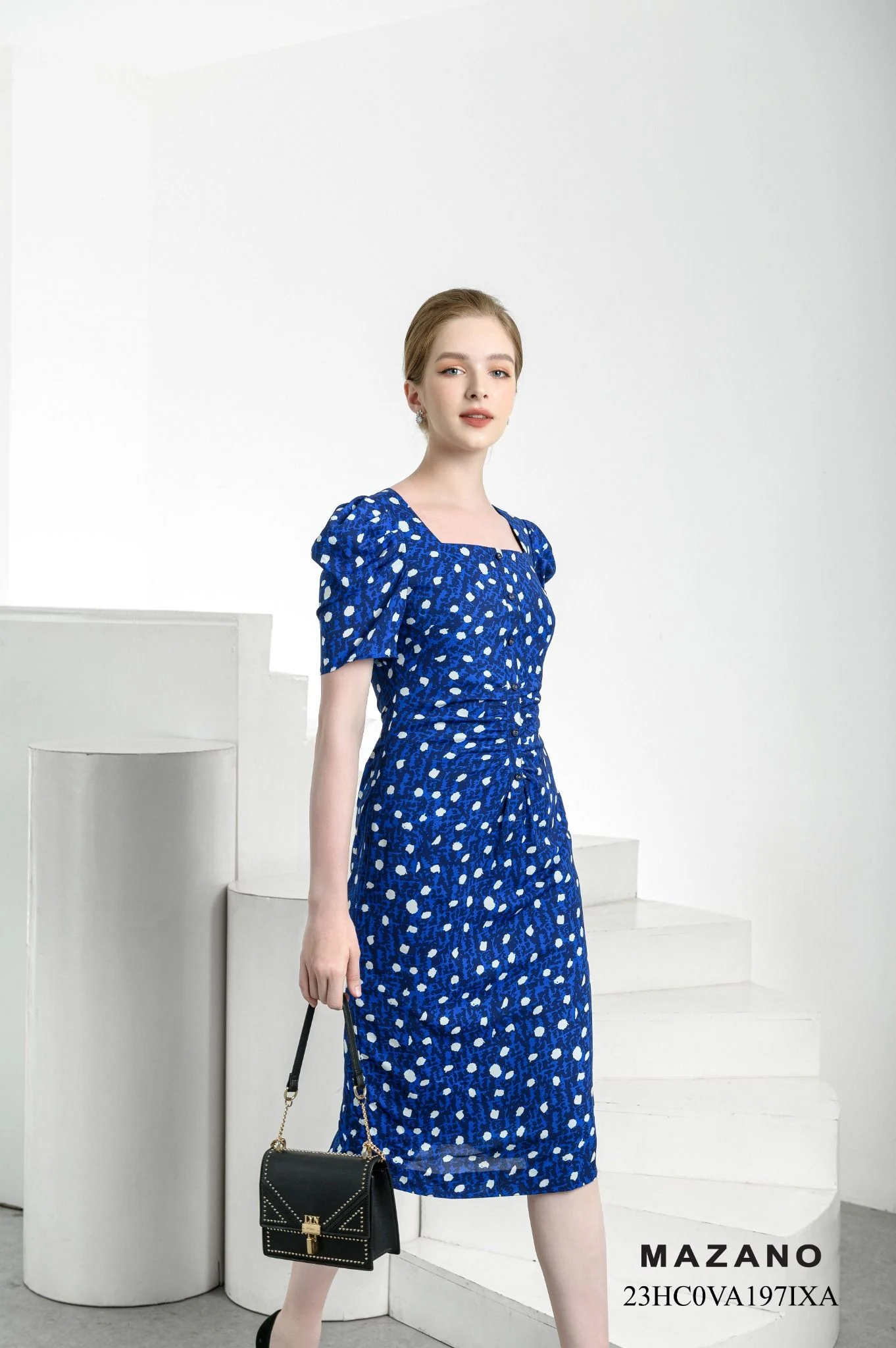 Đầm ôm cổ vuông xanh chấm bi vai bồng_thumbnail_4