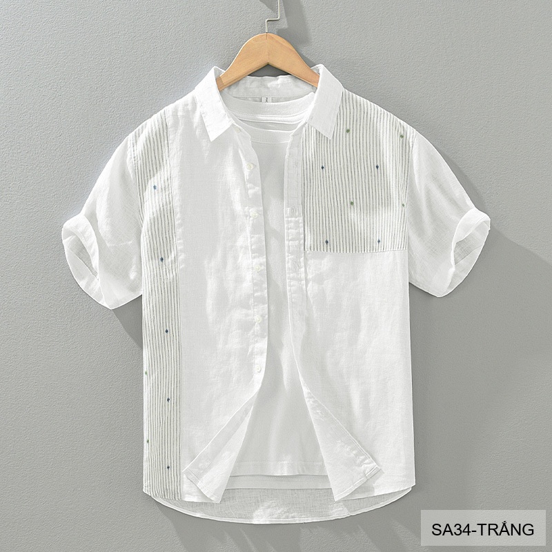 SA34 - Áo sơ mi nam tay ngắn vải lanh thoáng mát phong cách Nhật Bản kẻ sọc phối màu trắng xanh ngọc