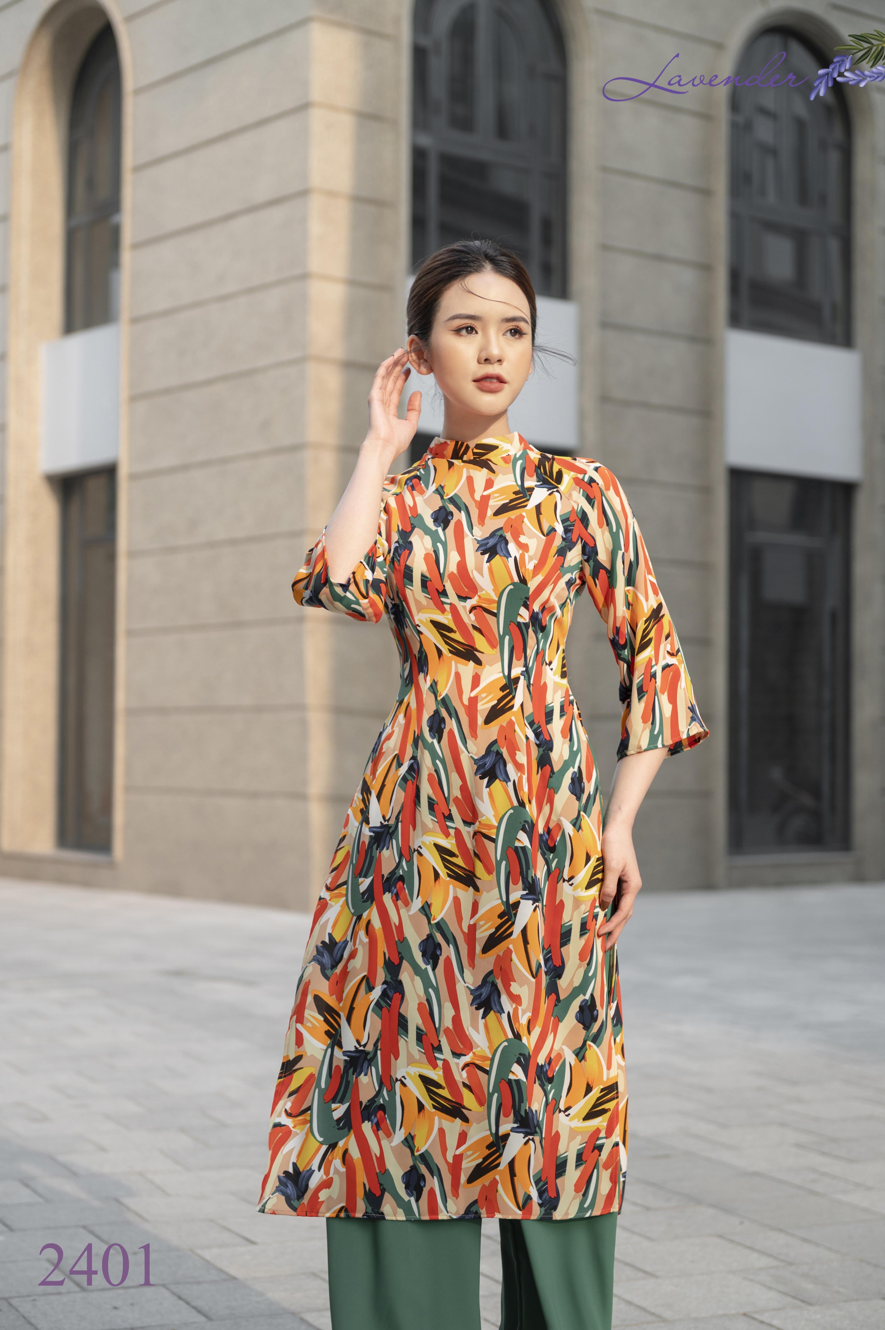 Áo dài cách tân hoa vàng AD2401