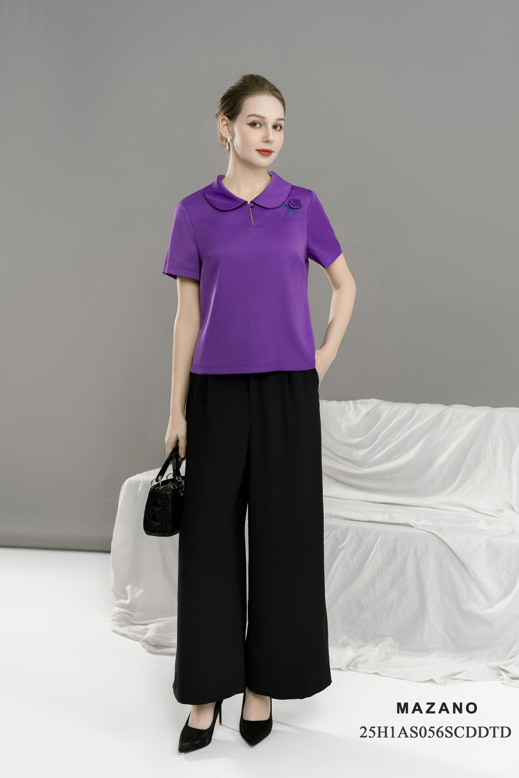 Áo suông Vải Tencel Đính hoa cuốn Cổ bẻ cách điệu Tay ngắn Dài áo qua eo