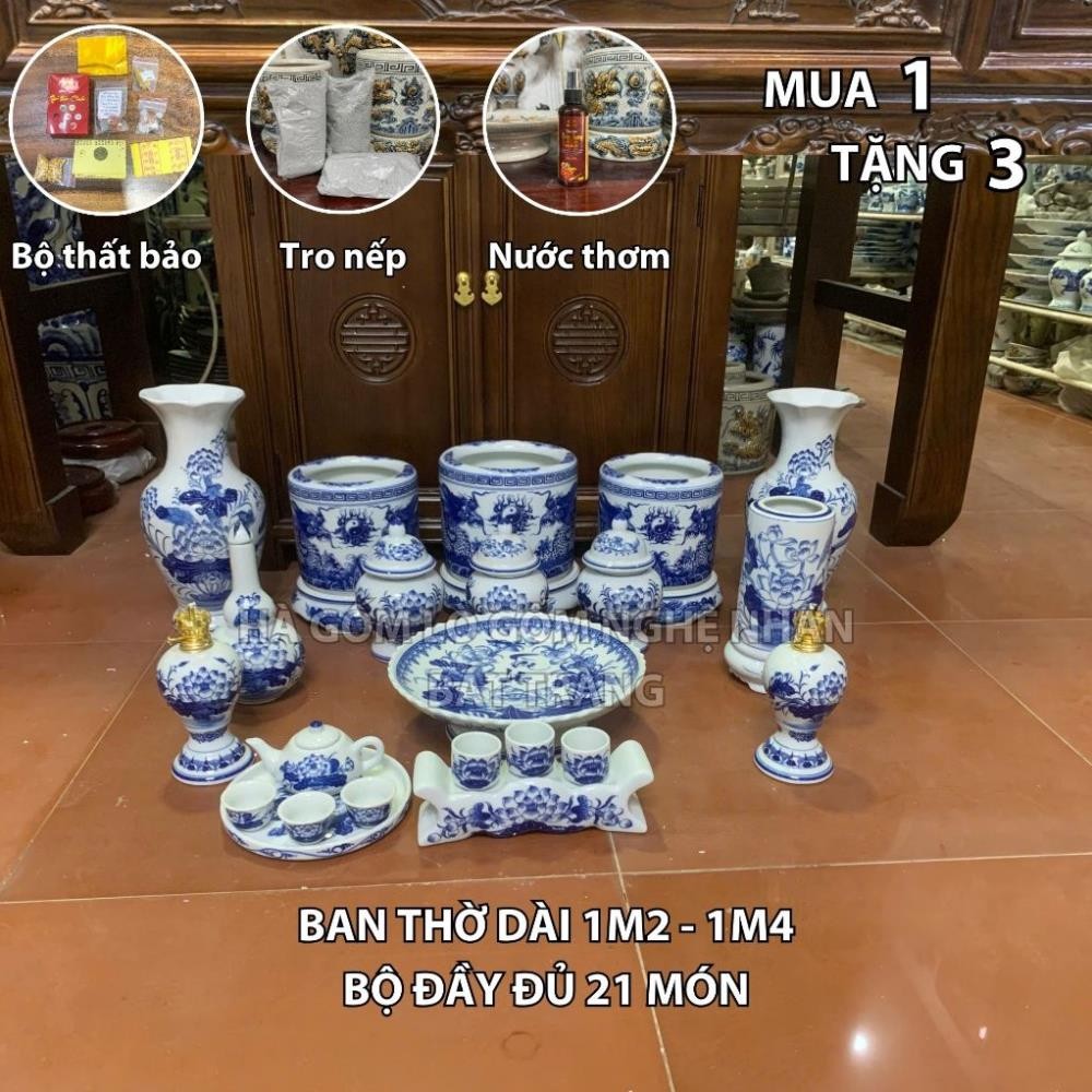 HG354 Đồ Thờ Cúng Bộ 21 món ban thờ 1M2 - 1M4 men lam nghệ nhân Bát Tràng chế tác TẶNG Thất Bảo, Tro Nếp