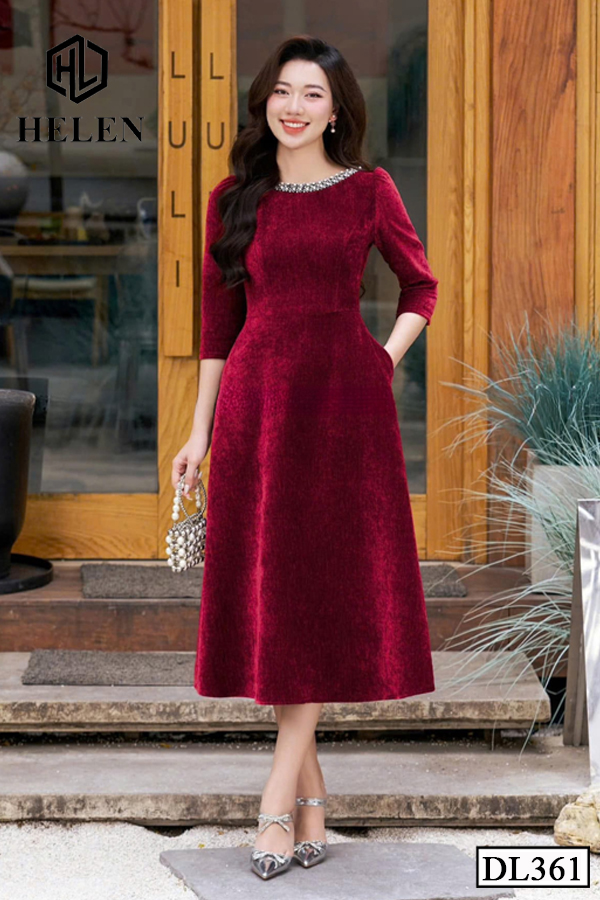 Đầm xòe nhung đỏ cổ đính ren DL361_thumbnail_2
