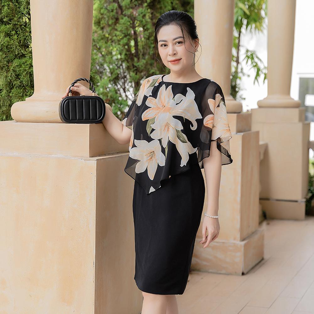 Đầm Trung Niên GUMOM U50 U60 Cao Cấp Cổ Tròn hoạ tiết Hoa Sang Trọng - Đầm quà tặng cho mẹ Nữ Women Dress Voan Voi Cotton_thumbnail_1