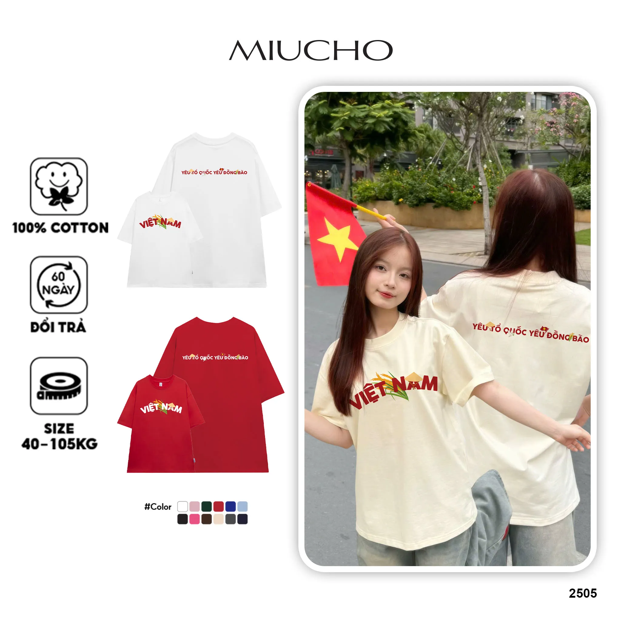 Áo thun Việt Nam tôi yêu form rộng 2505 Miucho vải cotton thoáng mát cổ tròn in mix