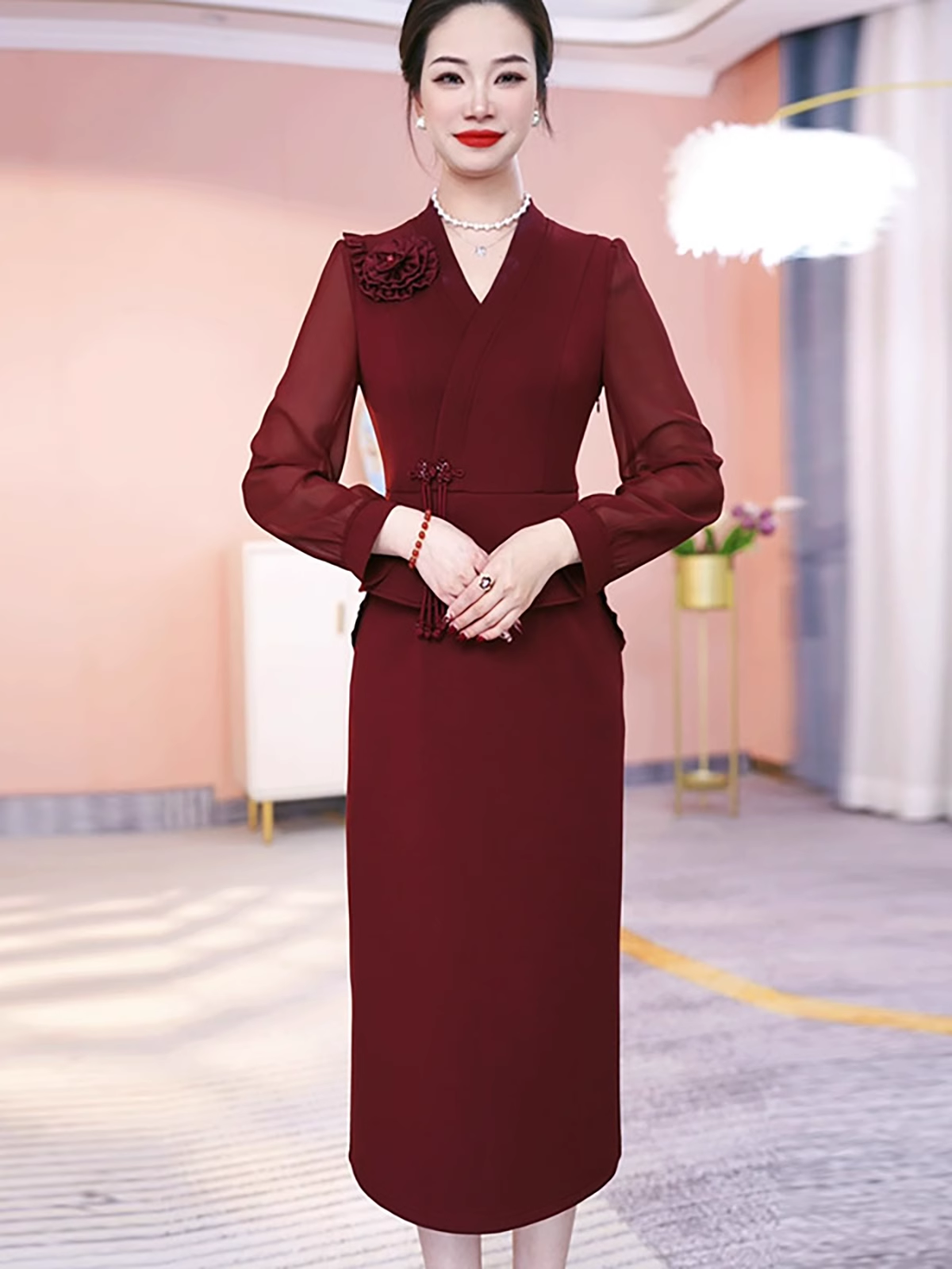 16565-Đầm suông đỏ đô dáng peplum phối tay  voan dài ( chéo nhật)_thumbnail_0