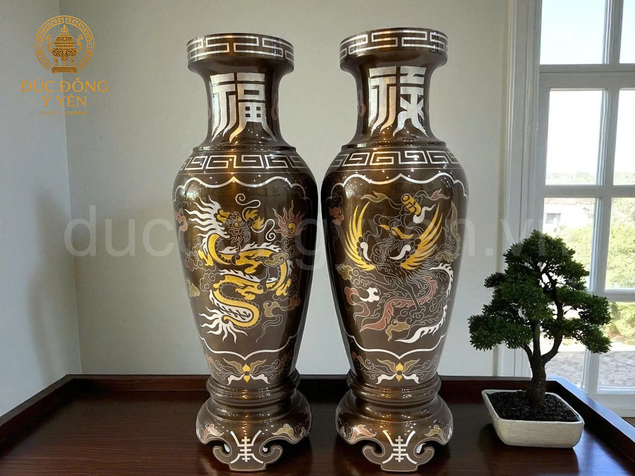 Lọ hoa khảm rồng phượng đúc đồng đỏ khảm ngũ sắc kỹ _thumbnail_1