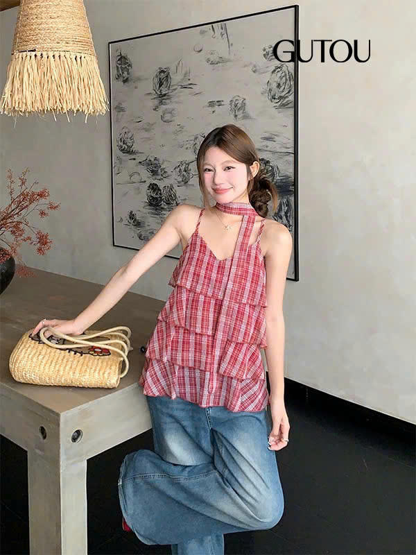 [ GUTOU ] Áo Hai Dây Tầng Cổ V Phối Khăn Choàng_thumbnail_5