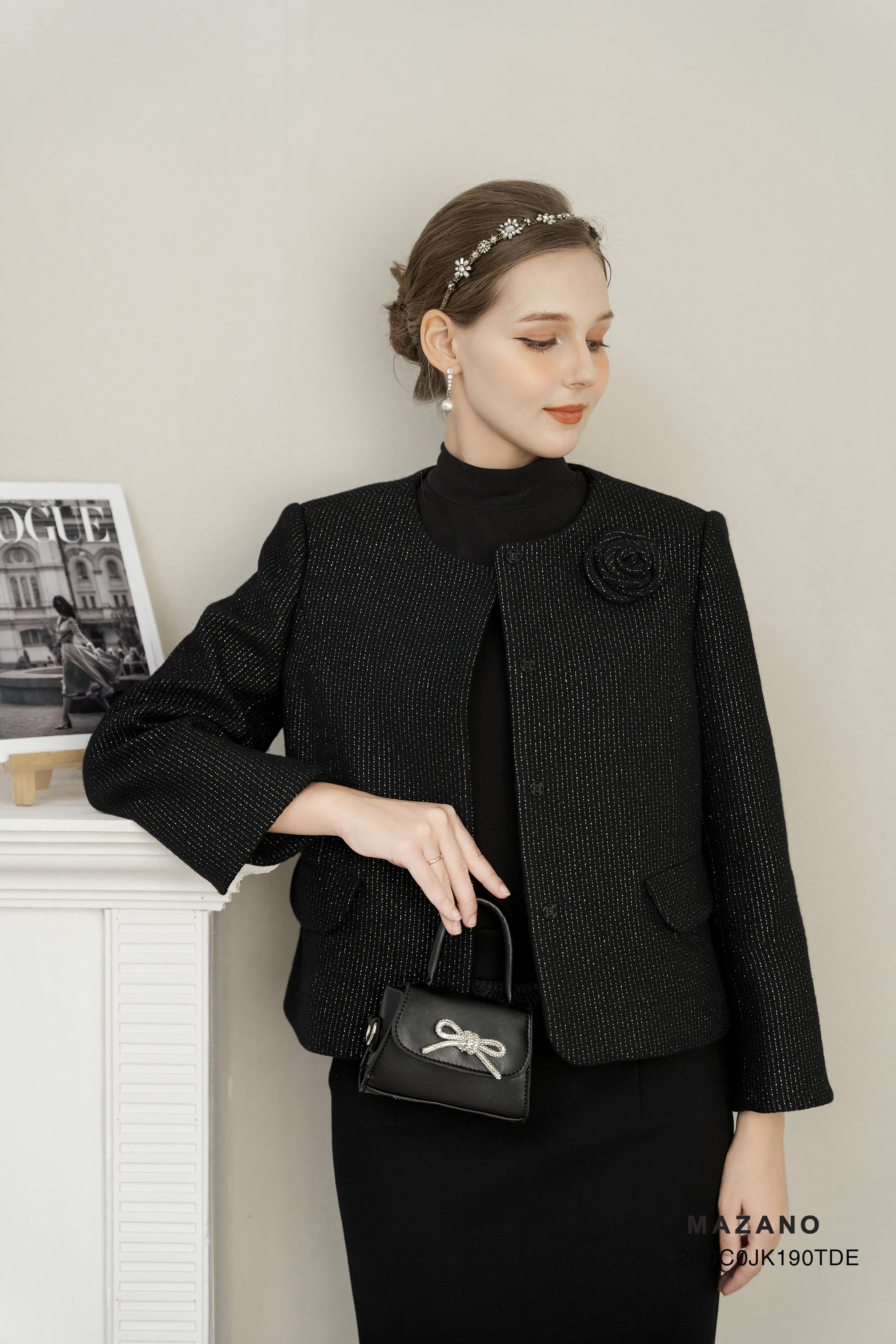 Áo khoác ngắn Vải dạ tweed Đính hoa thủ công Cổ trònTay dài Dài qua eo_thumbnail_4