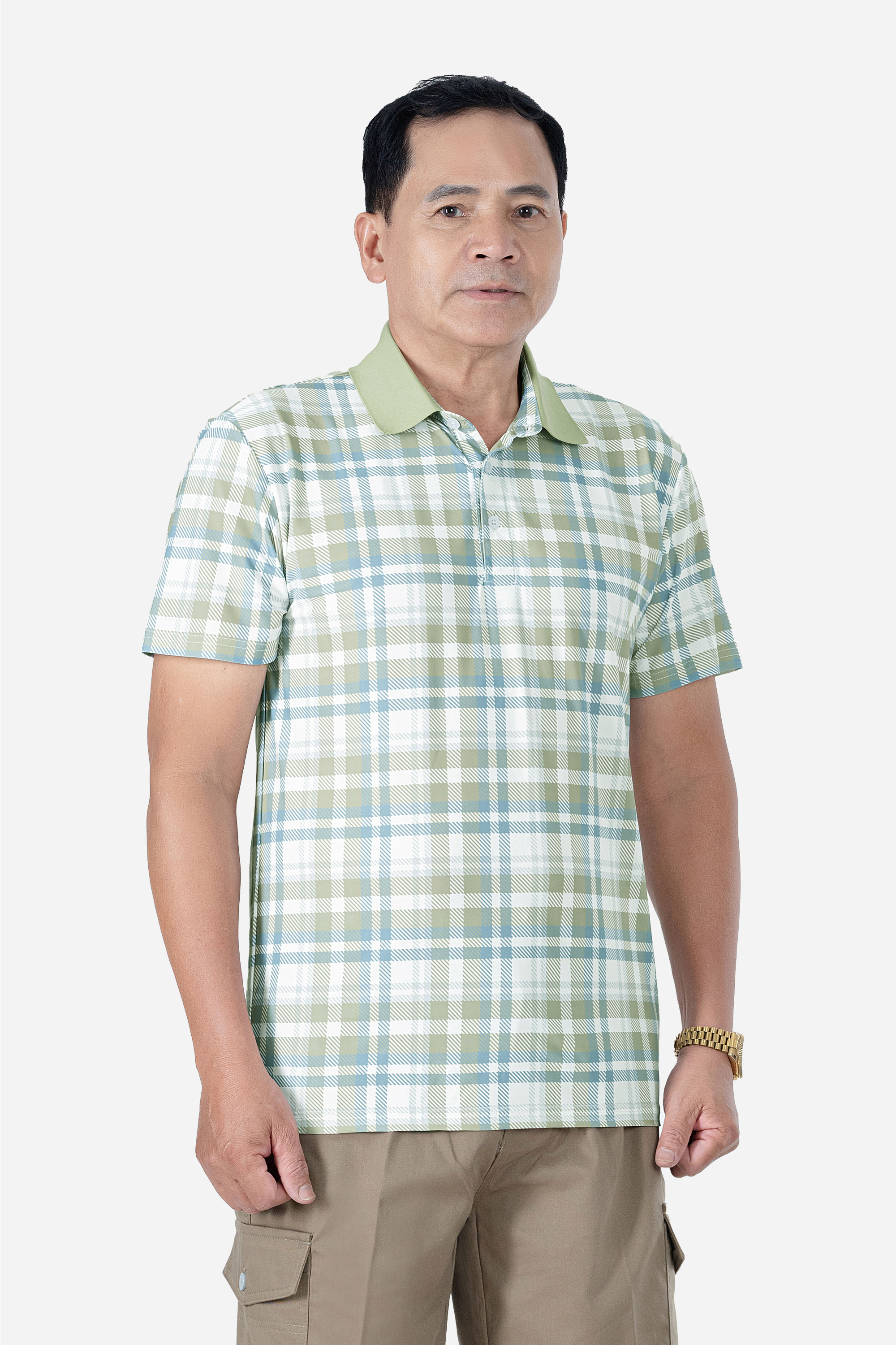 Áo Polo Kẻ Nam Trung Niên ANCHI Chất Liệu Cotton Mĩ Cao Cấp Phom Suông Vạt Ngang Màu Rêu Nhạt_thumbnail_2