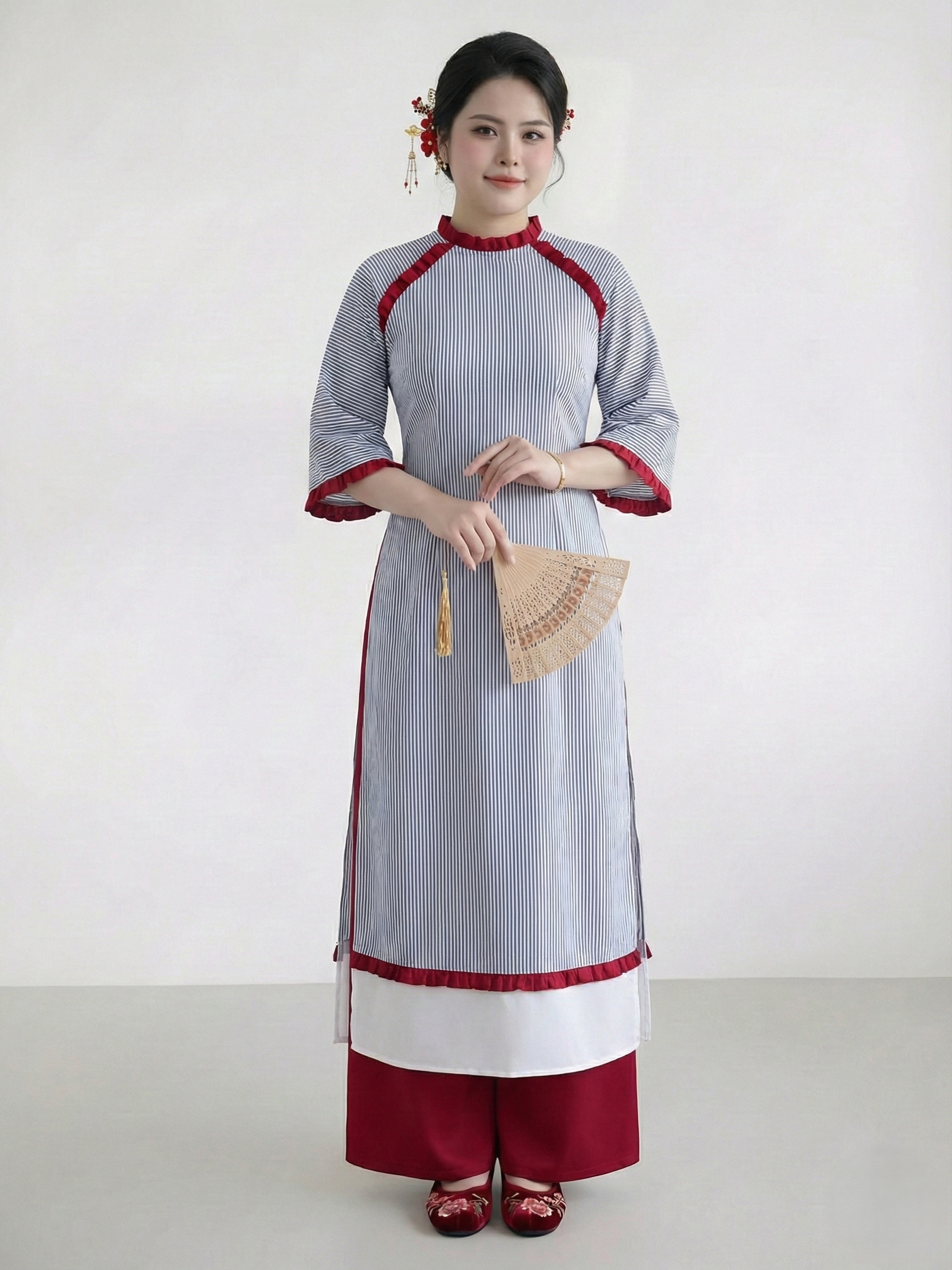 BIGSIZE- Áo dài phối nhún kiểu V-AD017