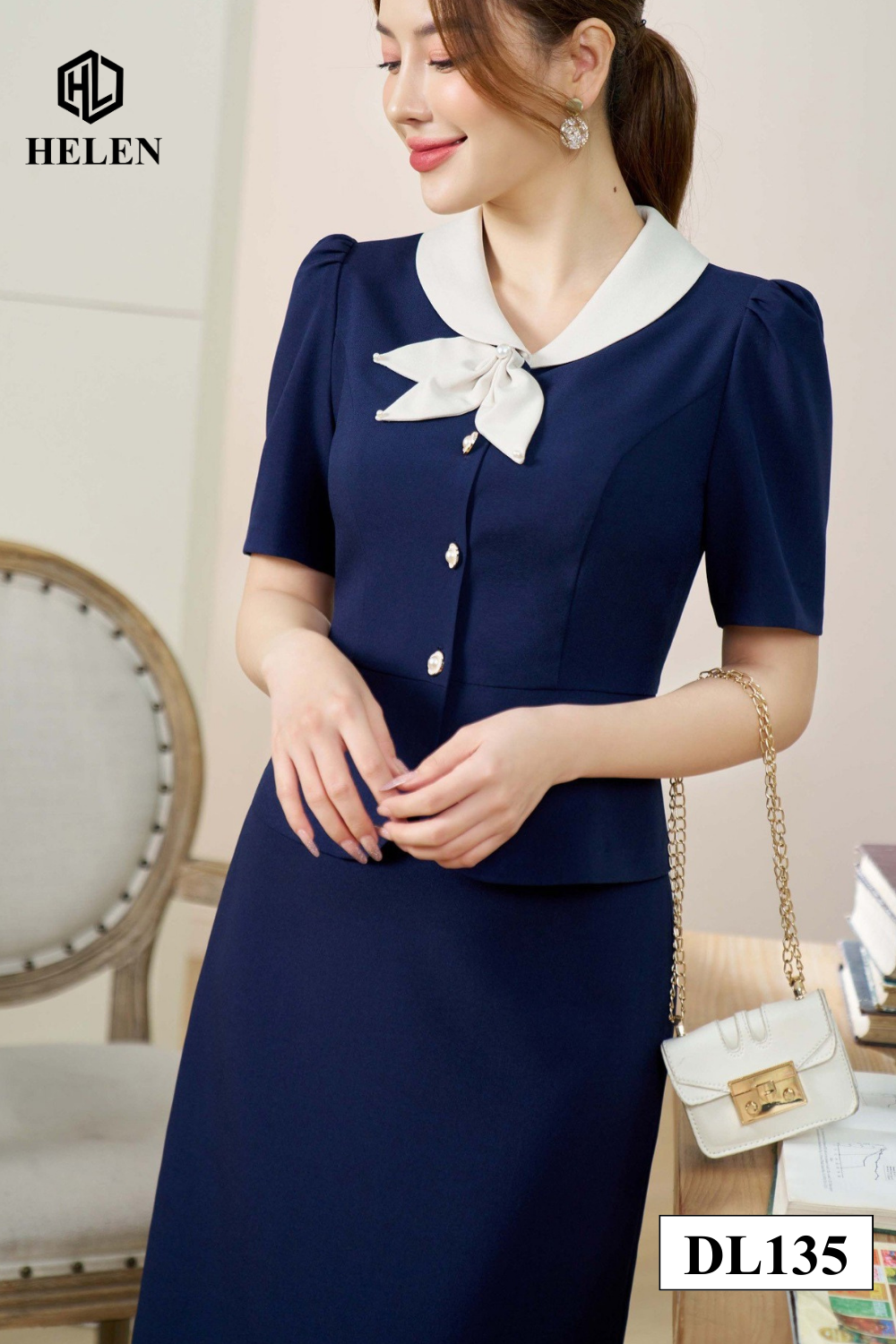 Đầm ôm peplum xanh than cổ phối nơ trắng kem DL135_thumbnail_3