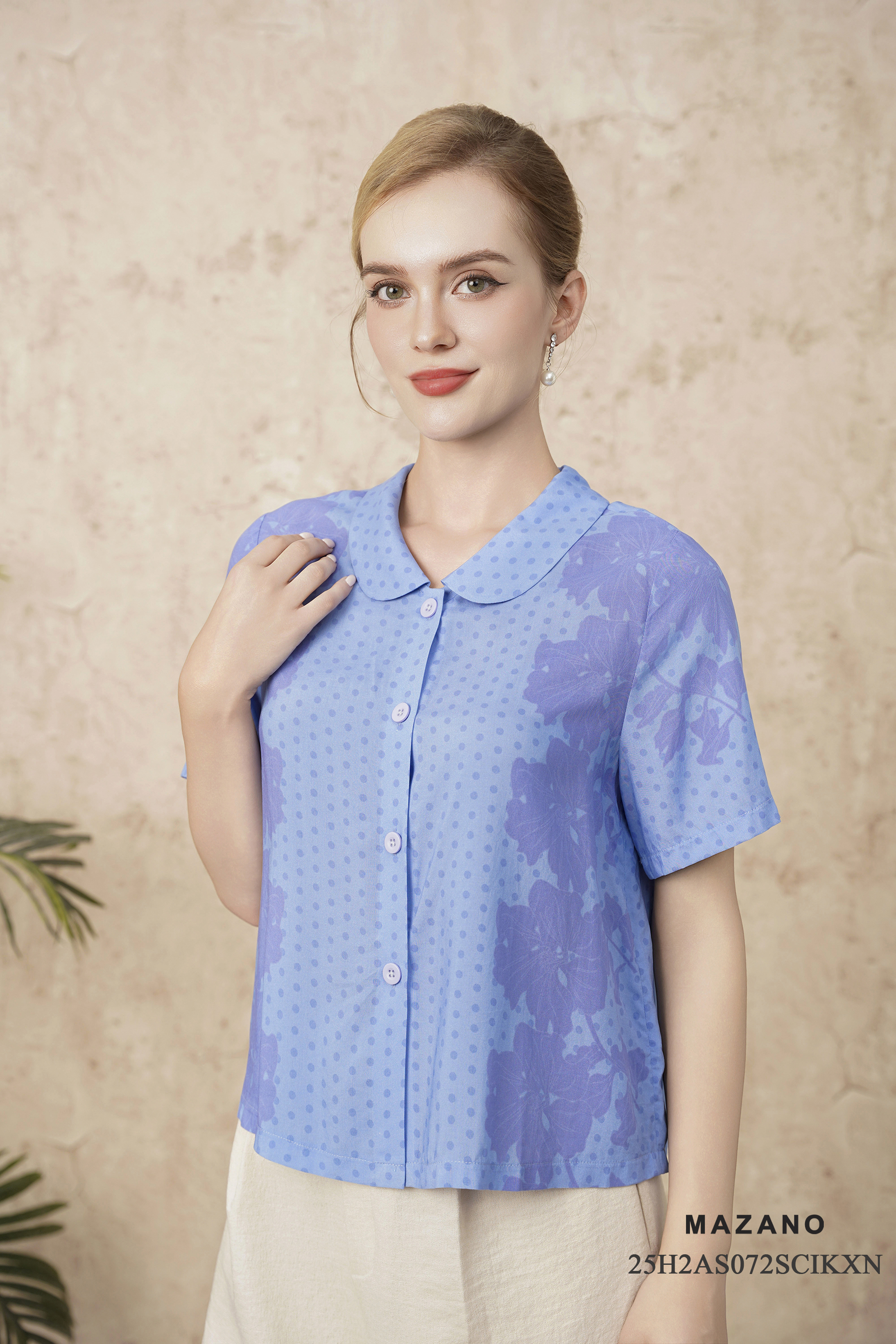 Áo sơ mi Vải Cotton In họa tiết hoa đối xứng Cổ bẻ Tay ngắn Dài dưới eo_thumbnail_3