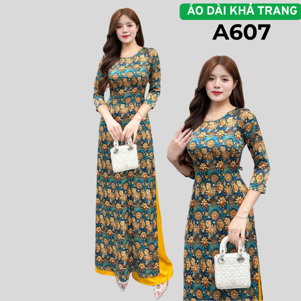 A607 Áo Dài Lụa Pháp Hoa Sao Cánh nhọn cổ tròn tay lỡ