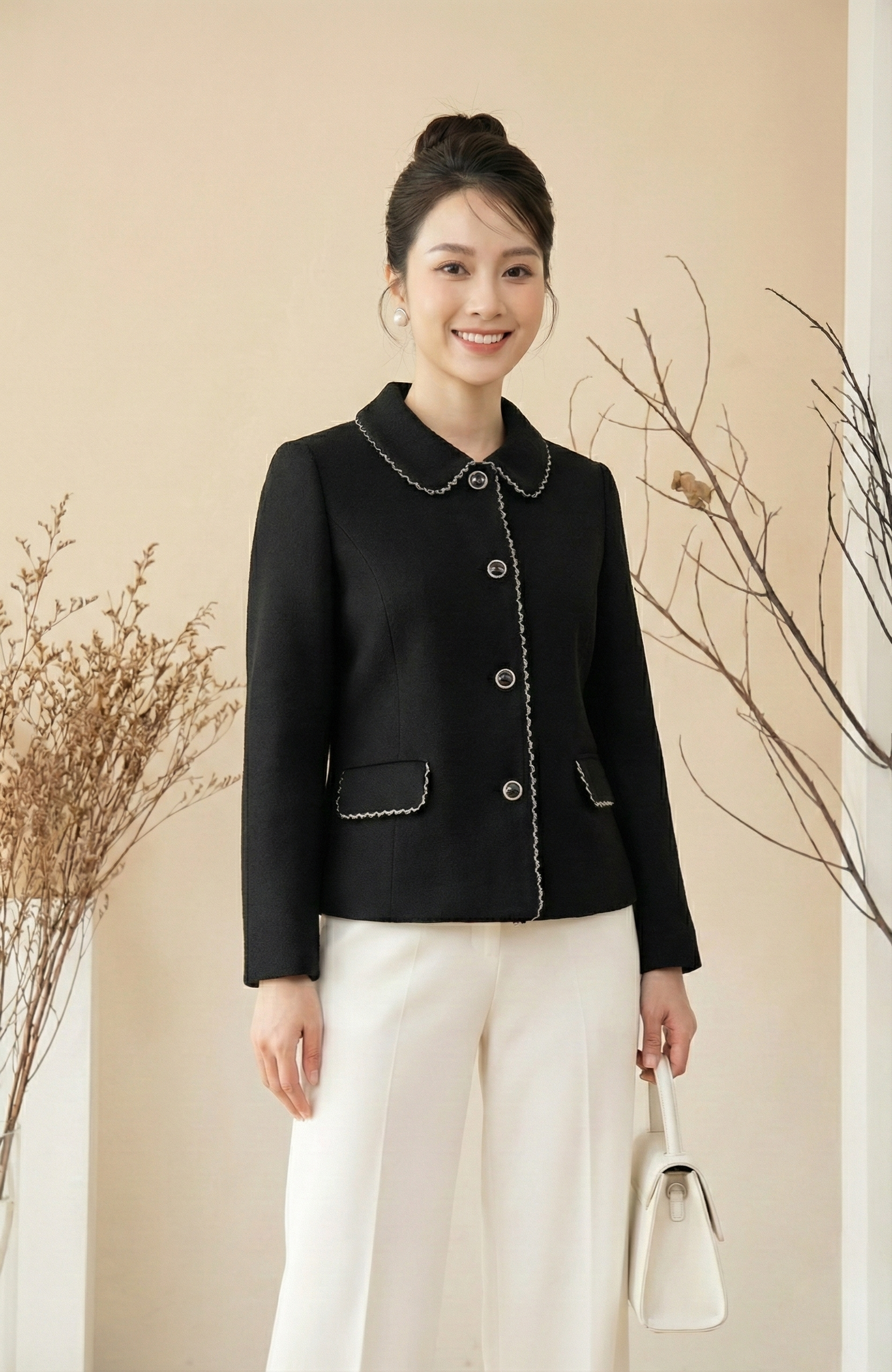 Áo khoác ngắn Suông Vải dạ đen Cổ tròn cách điệu Dài dưới eo_thumbnail_3