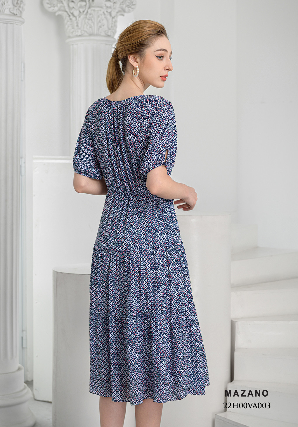 Đầm xanh họa tiết rủ tâng rút dây eo_thumbnail_2