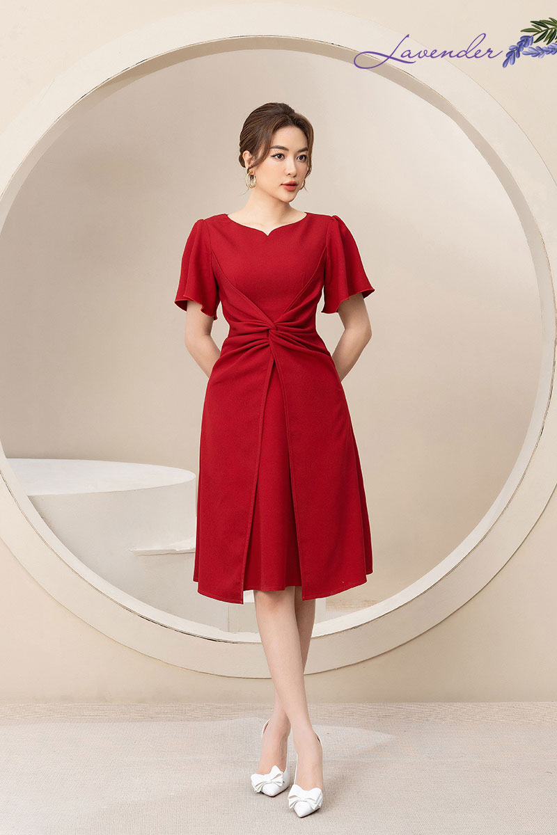 Đầm xòe công sở Thời trang Lavender cổ xẻ xoắn eo tay bèo chất co giãn D2433_thumbnail_5