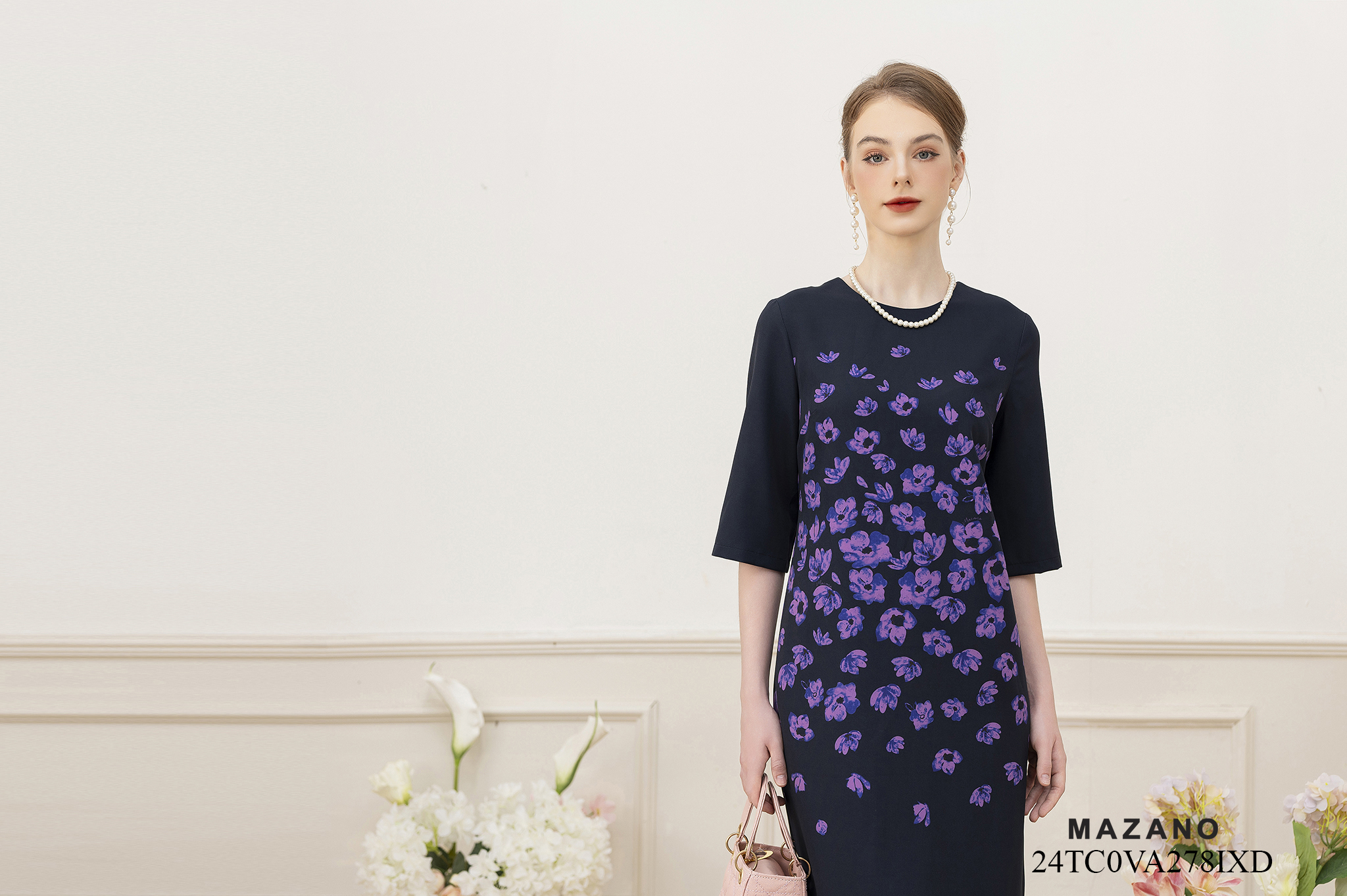 Váy Đầm suông Vải thô chun Hoạ tiết hoa lan tím cách điệu Cổ tròn Tay lỡ Dài qua gối_thumbnail_2