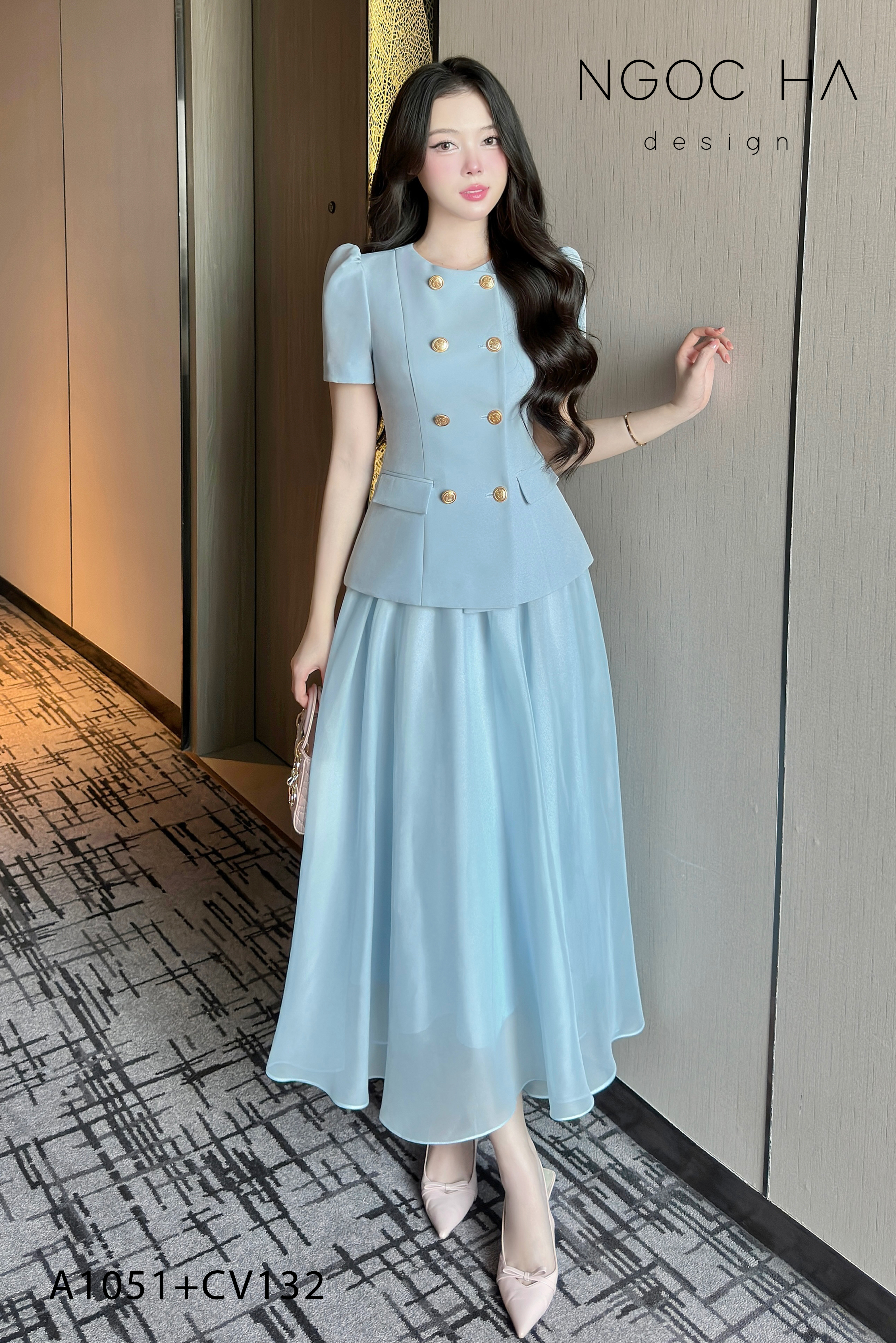 Jenni Set_ Áo Vest Cổ Tròn Đính Cúc, Chân Váy Tơ Màu Xanh A1051+CV132_thumbnail_1