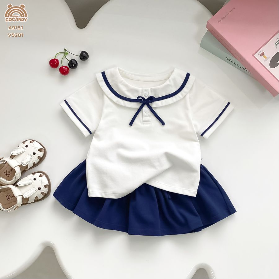 Áo cộc TRẮNG thủy thủ viền xanh đính nơ xanh