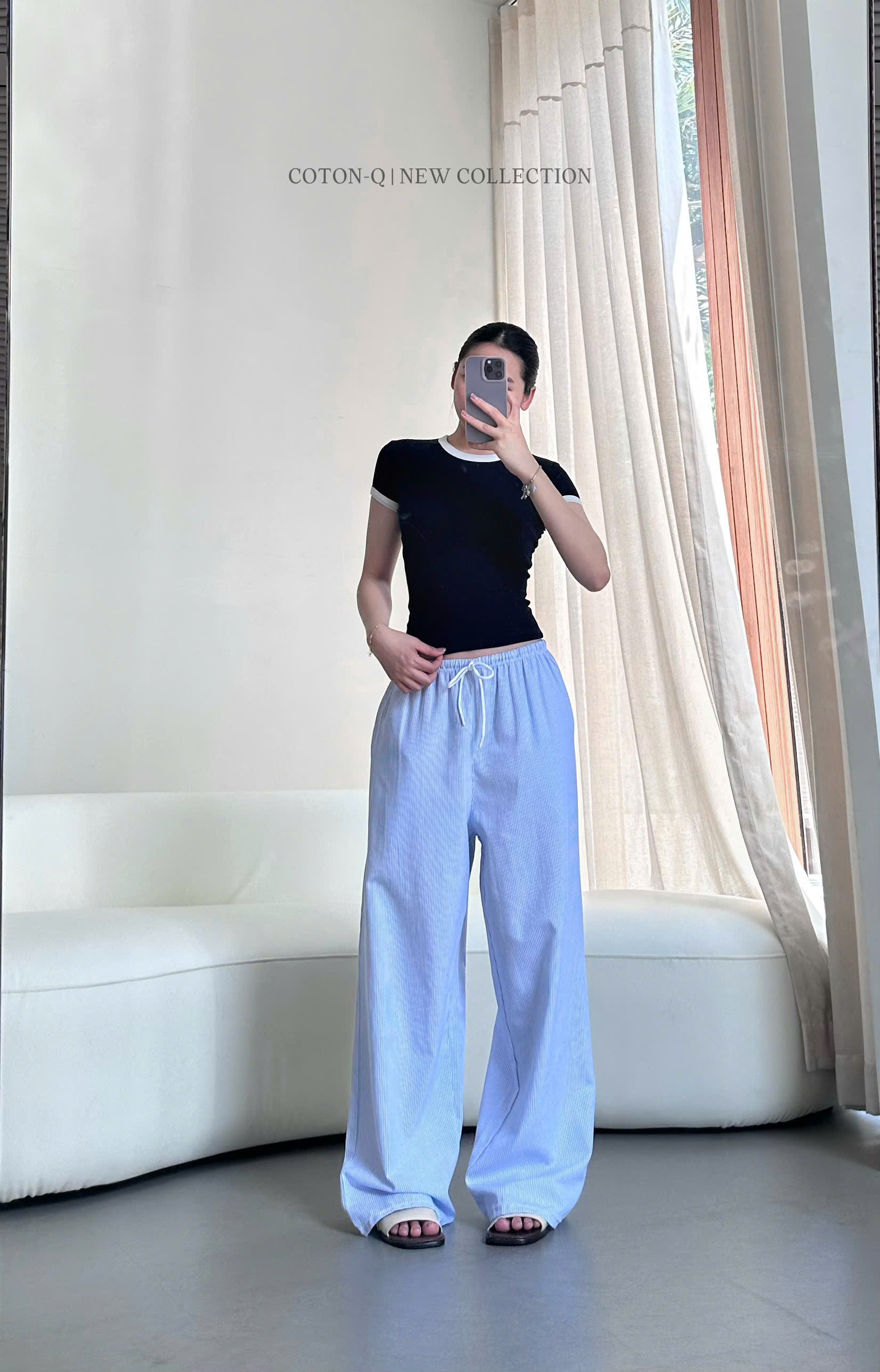 Set áo ôm viền + quần dài sọc ( XANH )_thumbnail_9