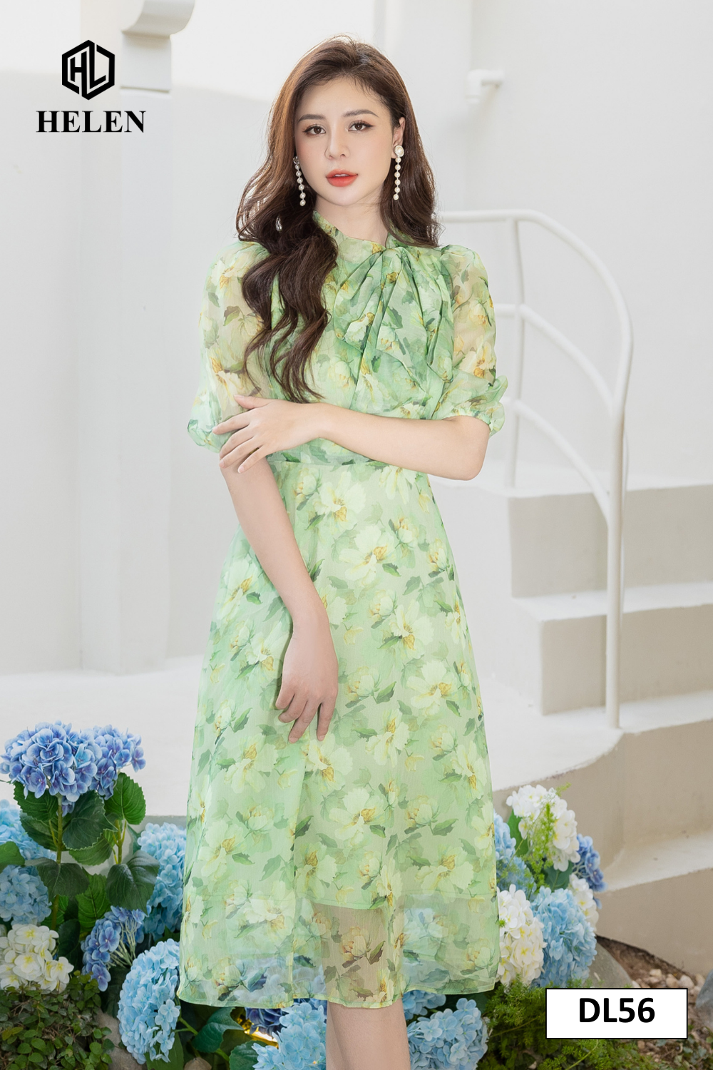 Đầm xòe hoa xanh cổ nơ DL56