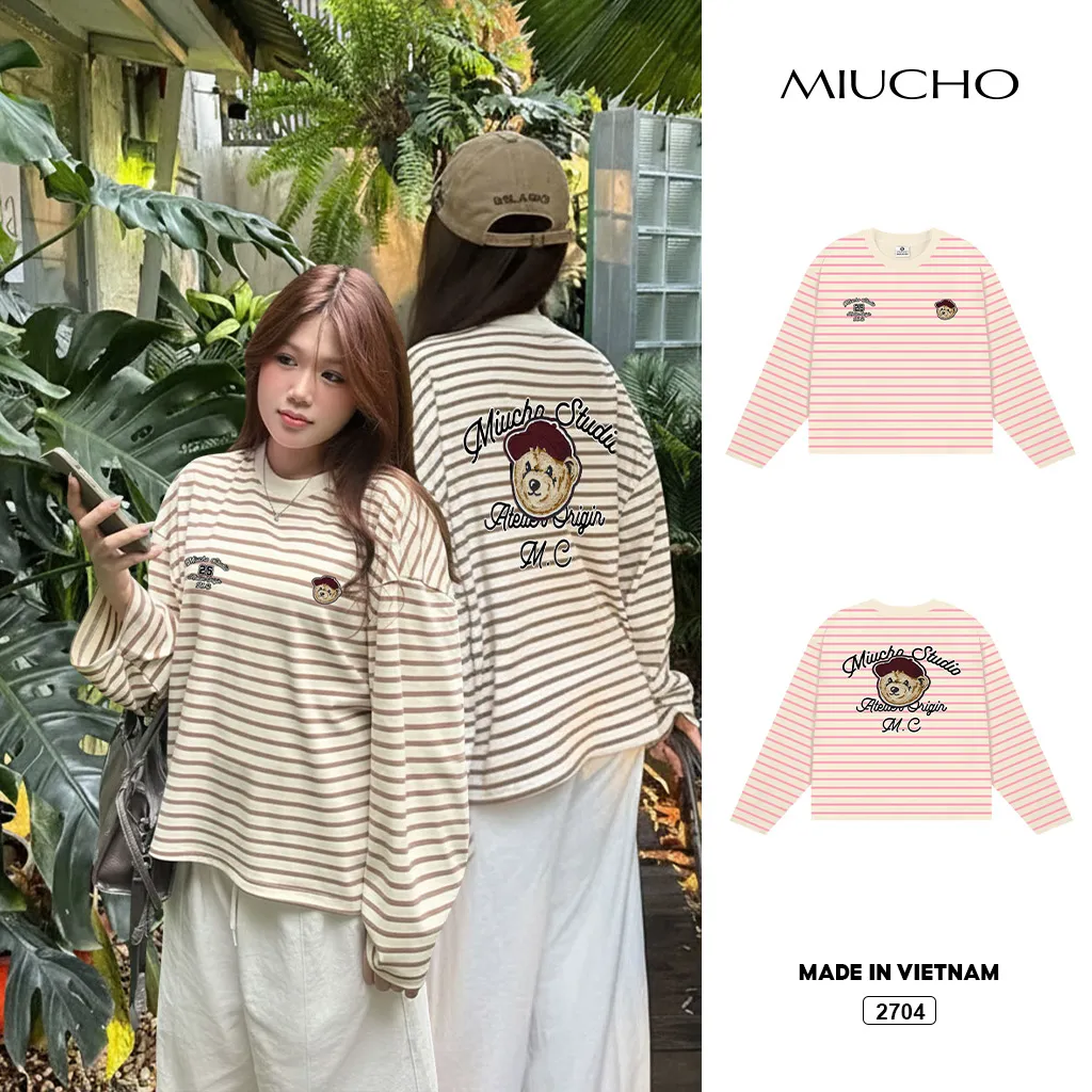 Áo thun form boxy Miucho Studio vải bo rip dày dặn thoáng mát cổ tròn tay dài kẻ sọc mix màu 2704